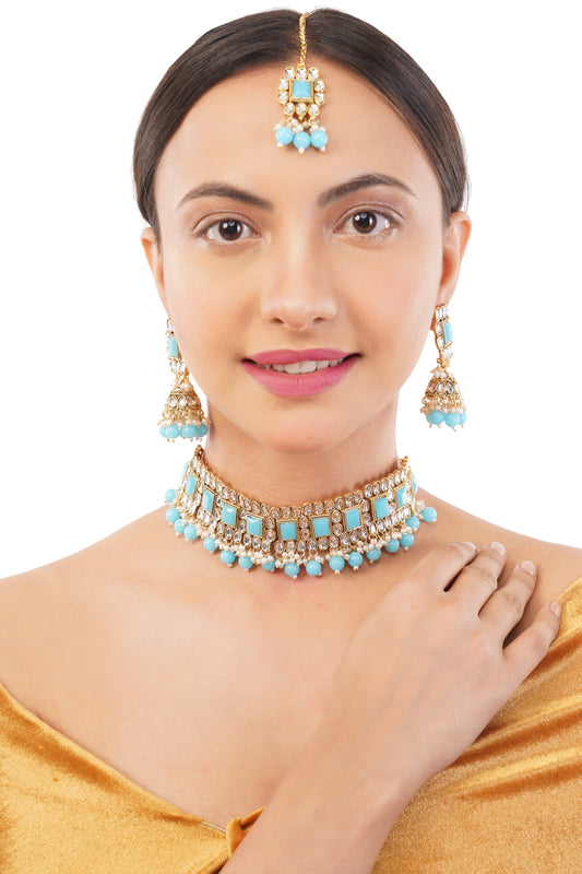 Gold-Plated Blue Kundan Studded Necklace Set For Women