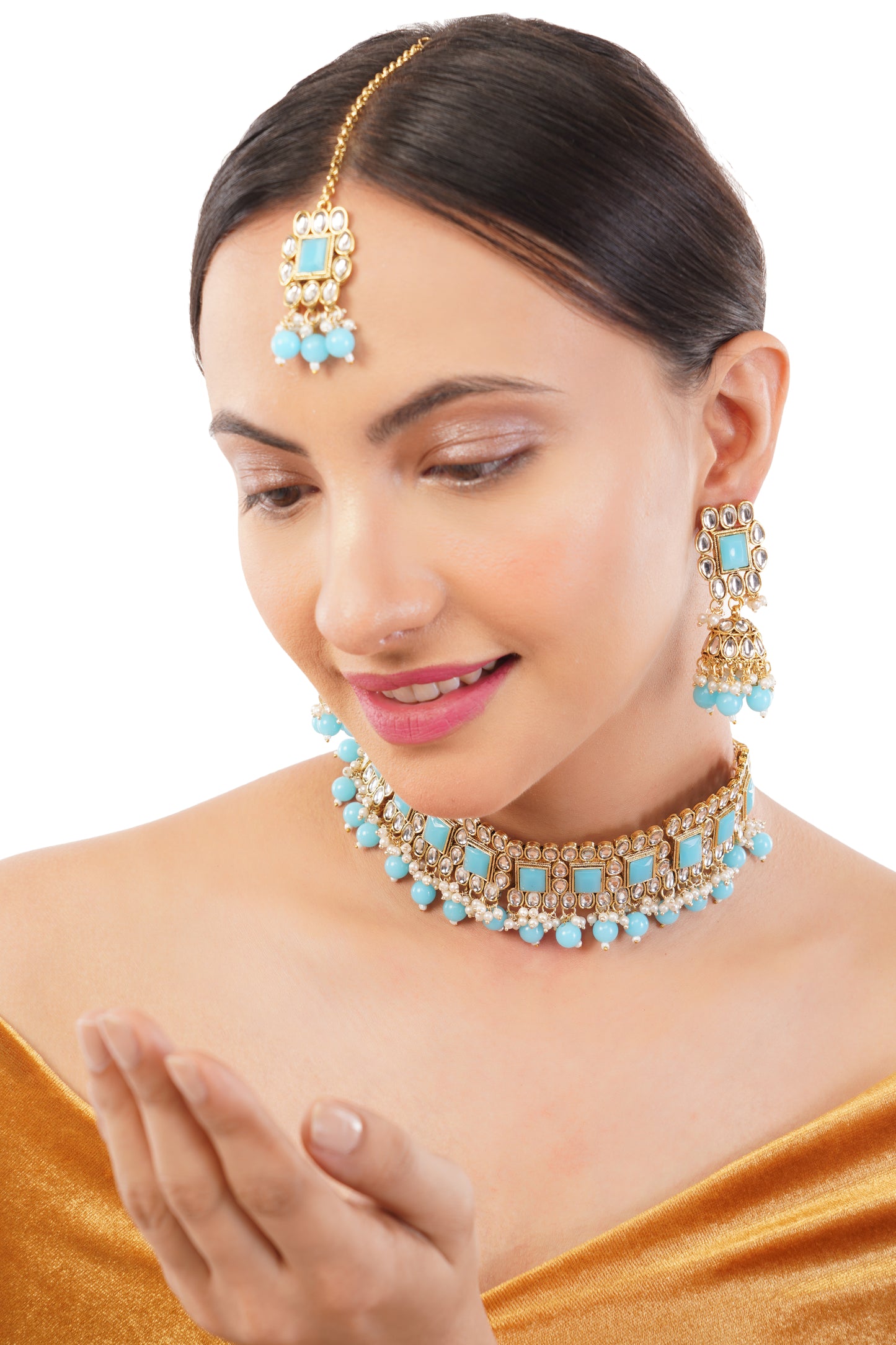 Gold-Plated Blue Kundan Studded Necklace Set For Women