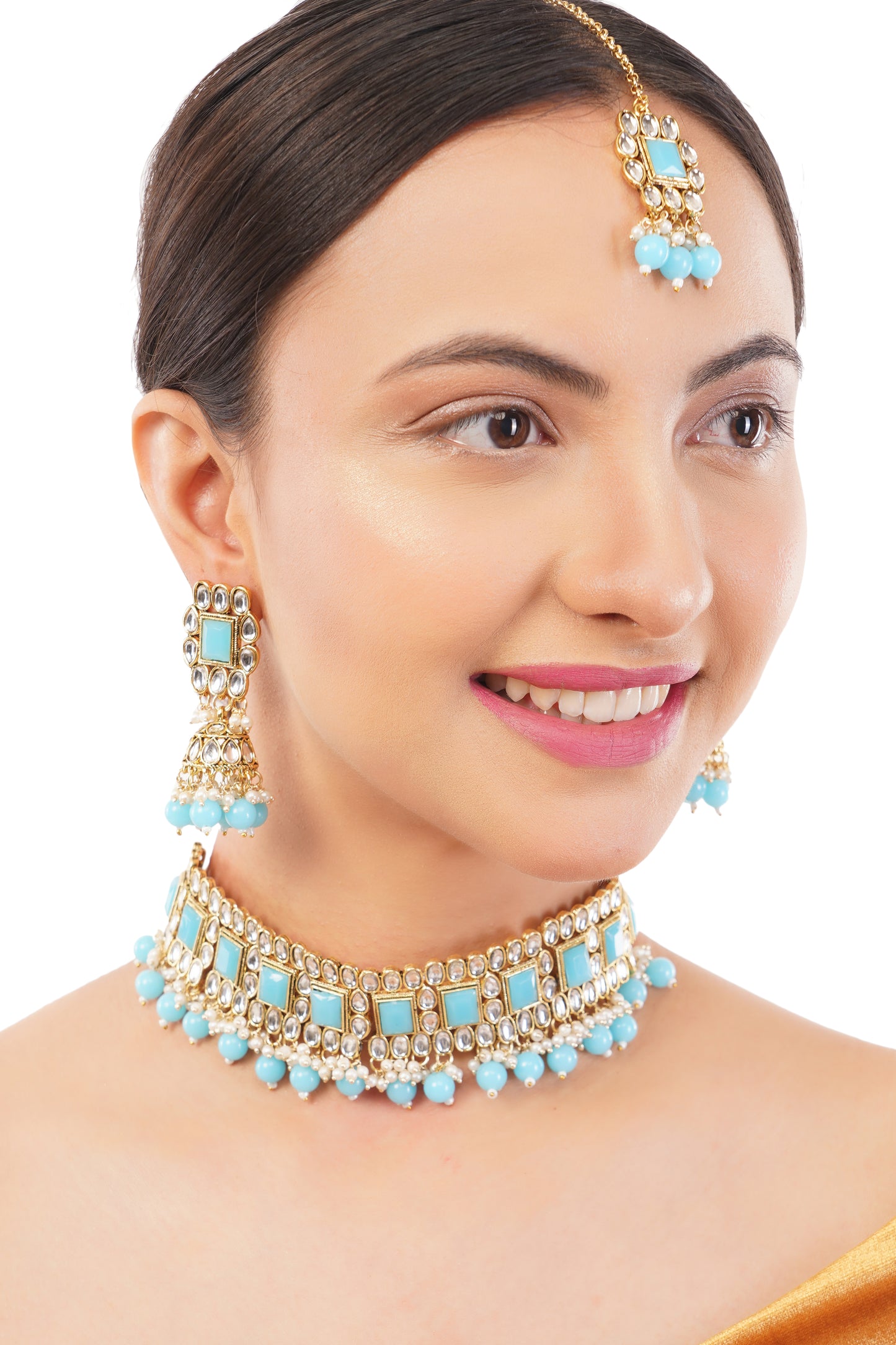 Gold-Plated Blue Kundan Studded Necklace Set For Women