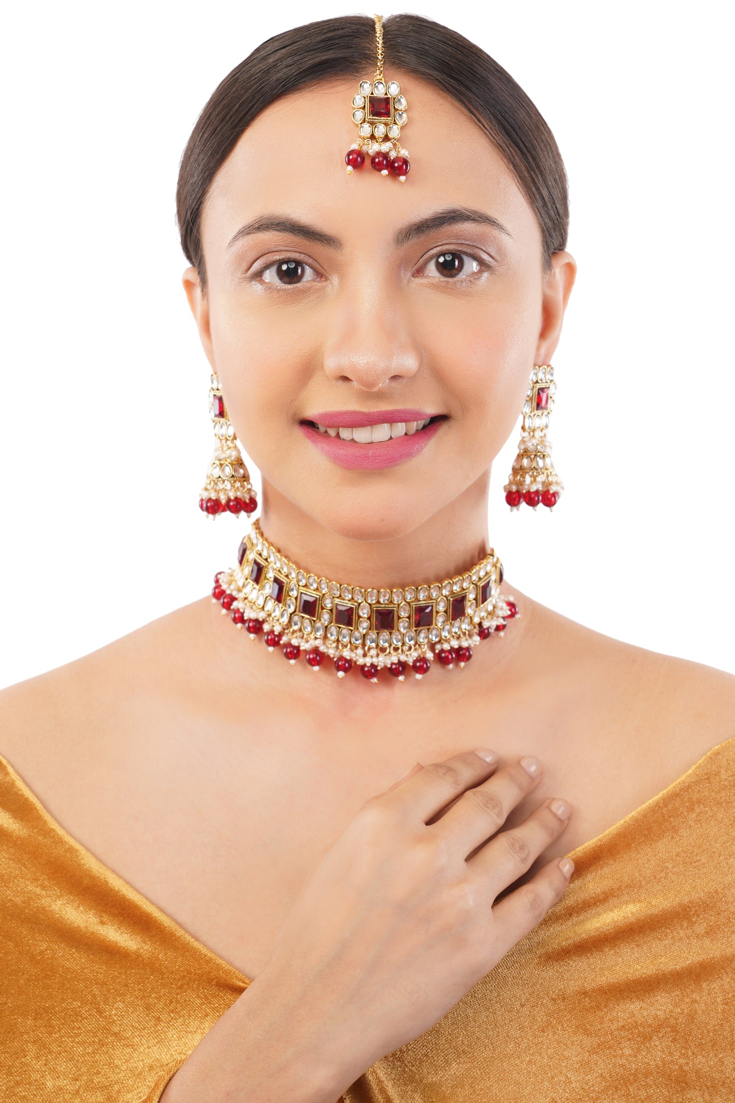 Gold Pleated Red Stone Kundan Necklace And Earrings Jewellery Set
