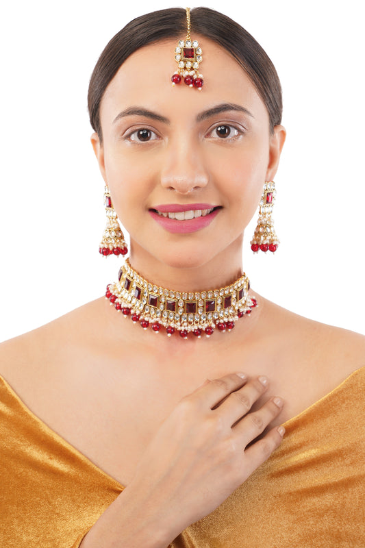 Gold Pleated Red Stone Kundan Necklace And Earrings Jewellery Set