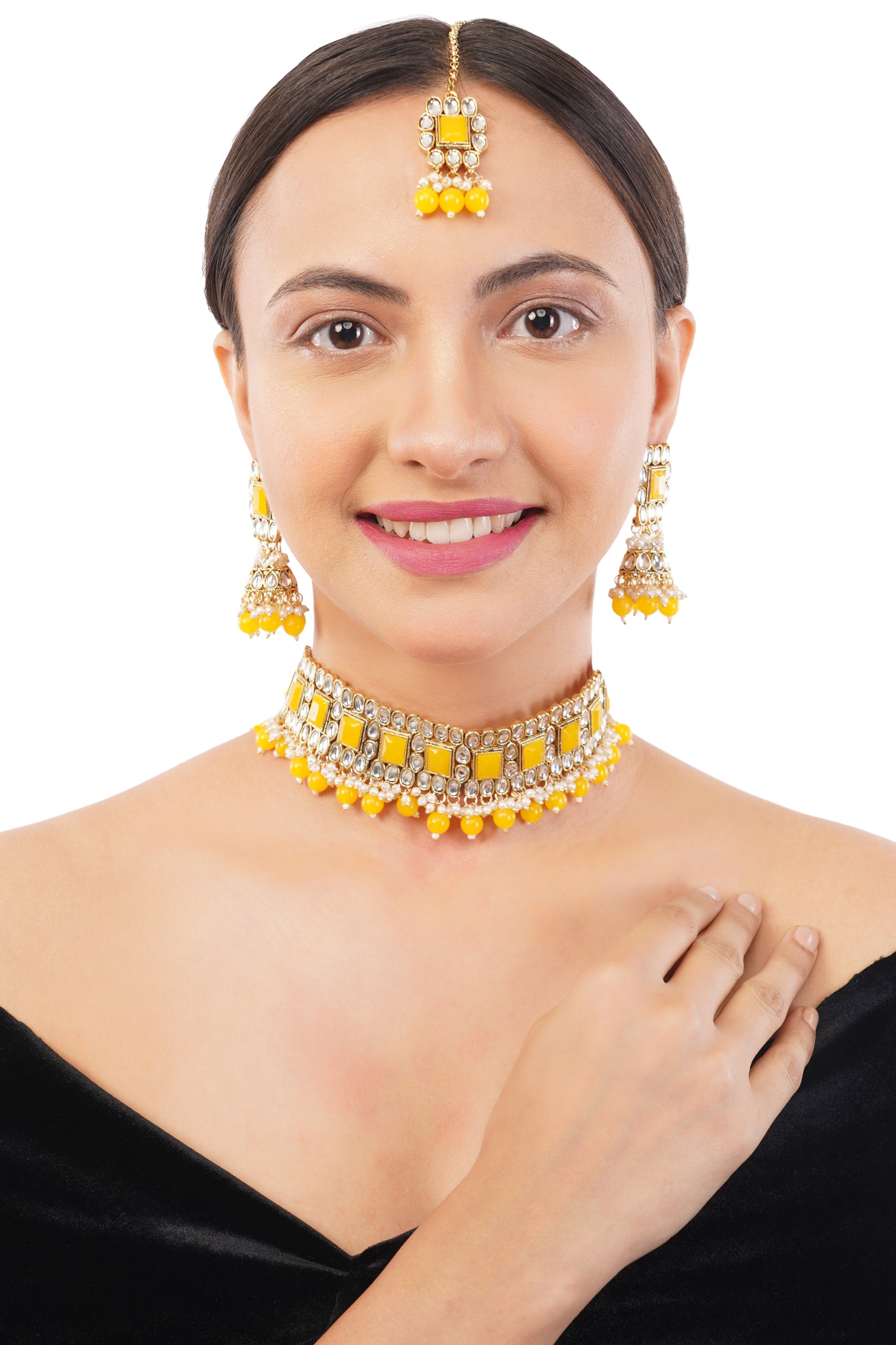 Yellow Stone Studded Kundan Necklace And Earring Set