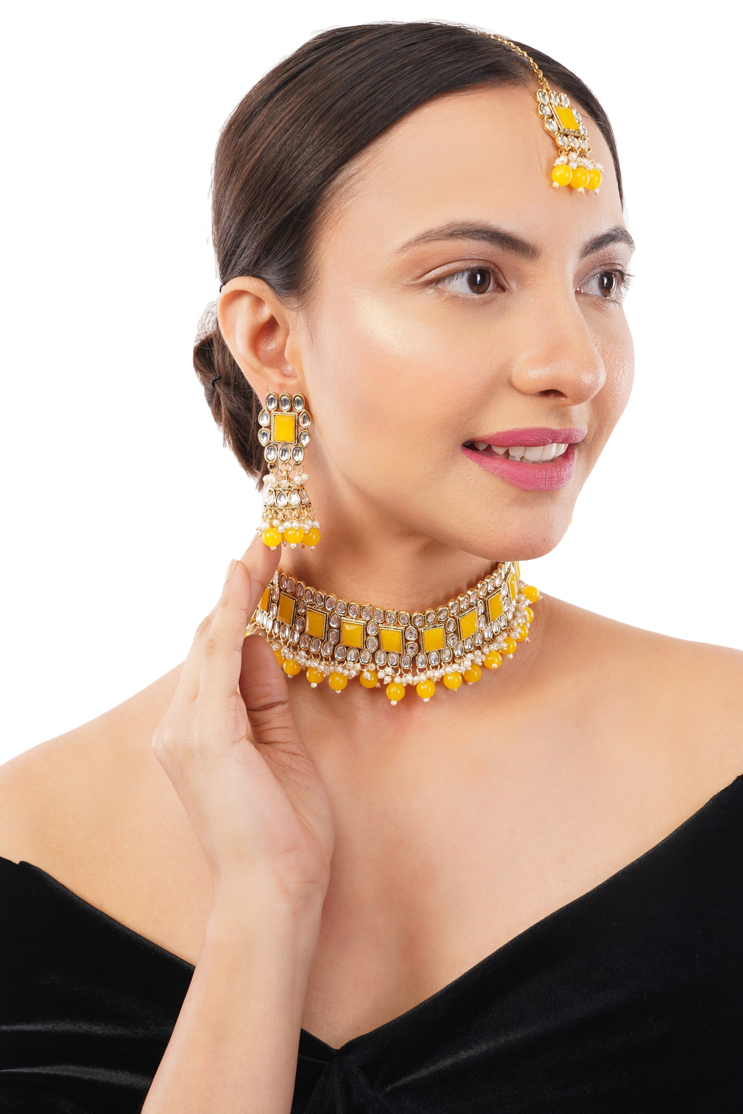 Yellow Stone Studded Kundan Necklace And Earring Set
