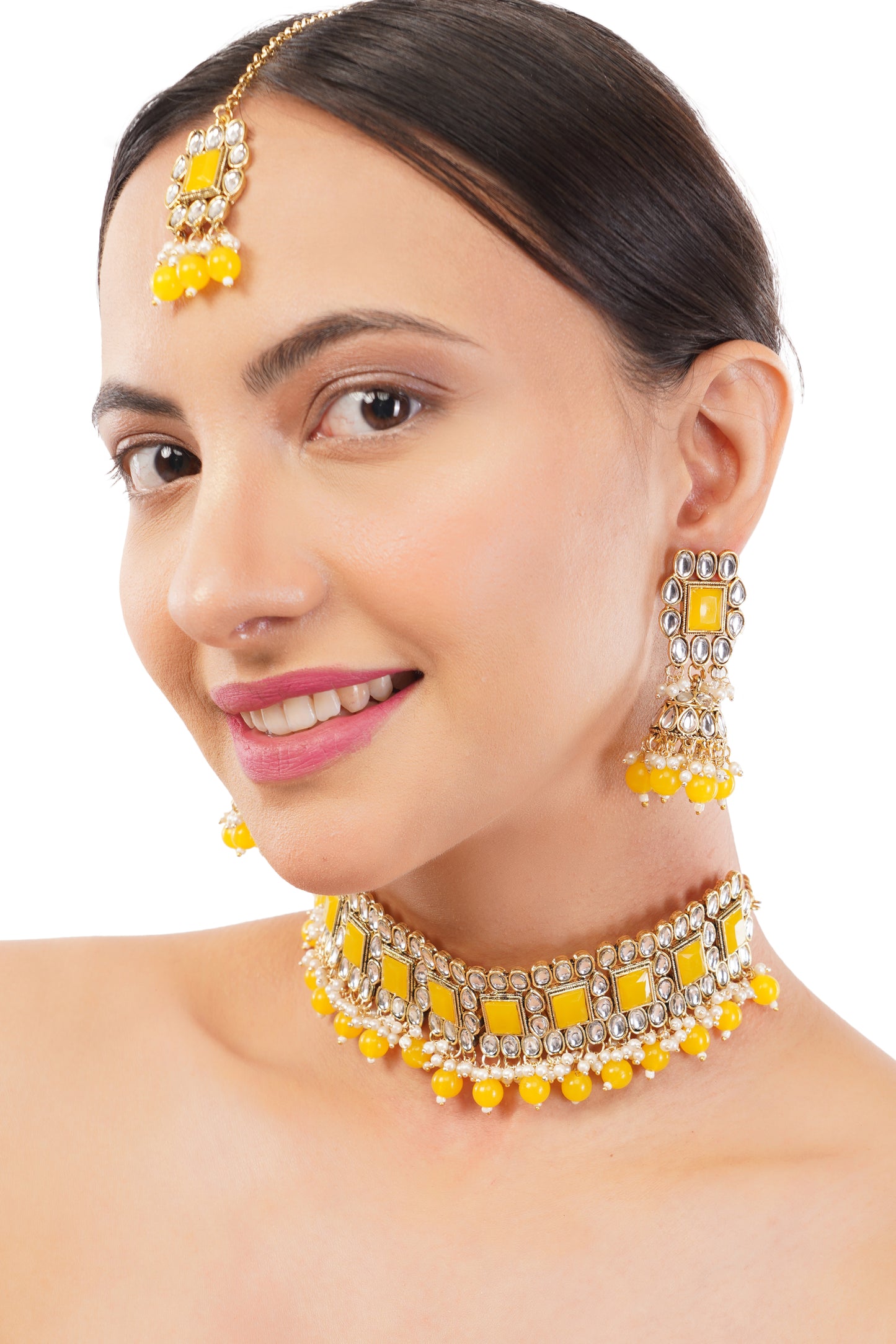 Yellow Stone Studded Kundan Necklace And Earring Set