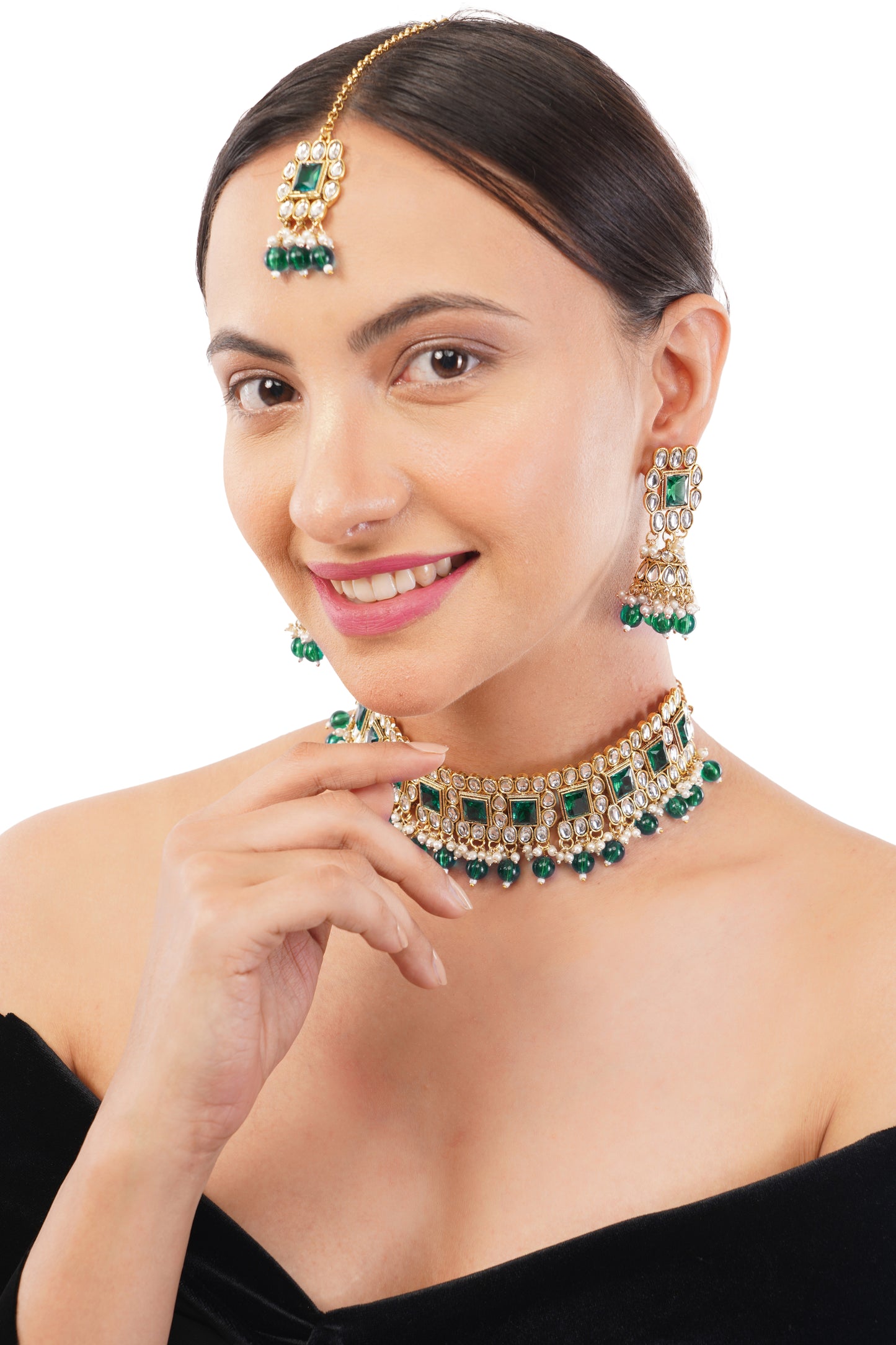 Gold Plated Emerald Green Kundan Necklace And Earrings Set