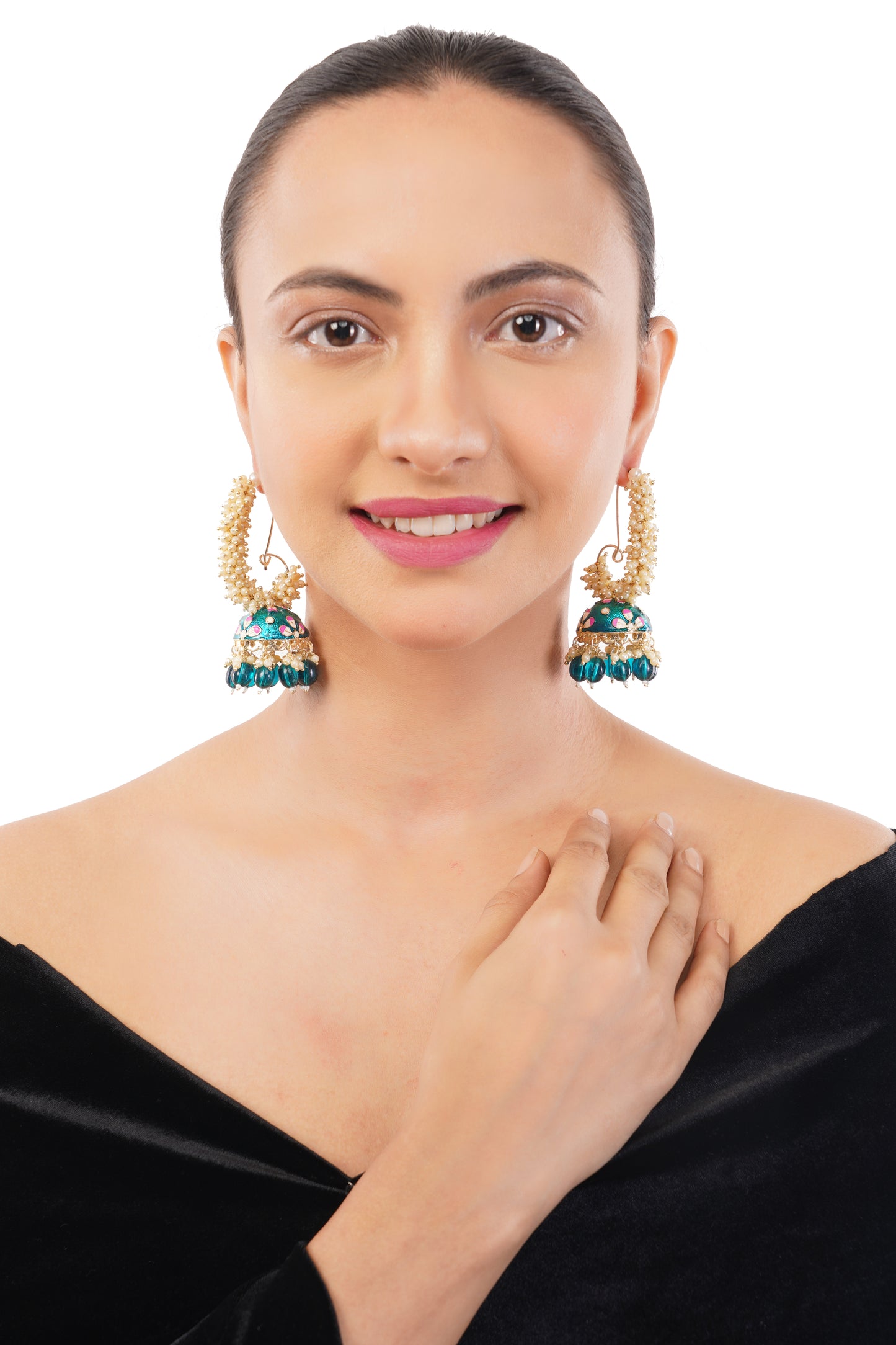 Gold Plated Aqua Green Pearl Jhumka Earrings