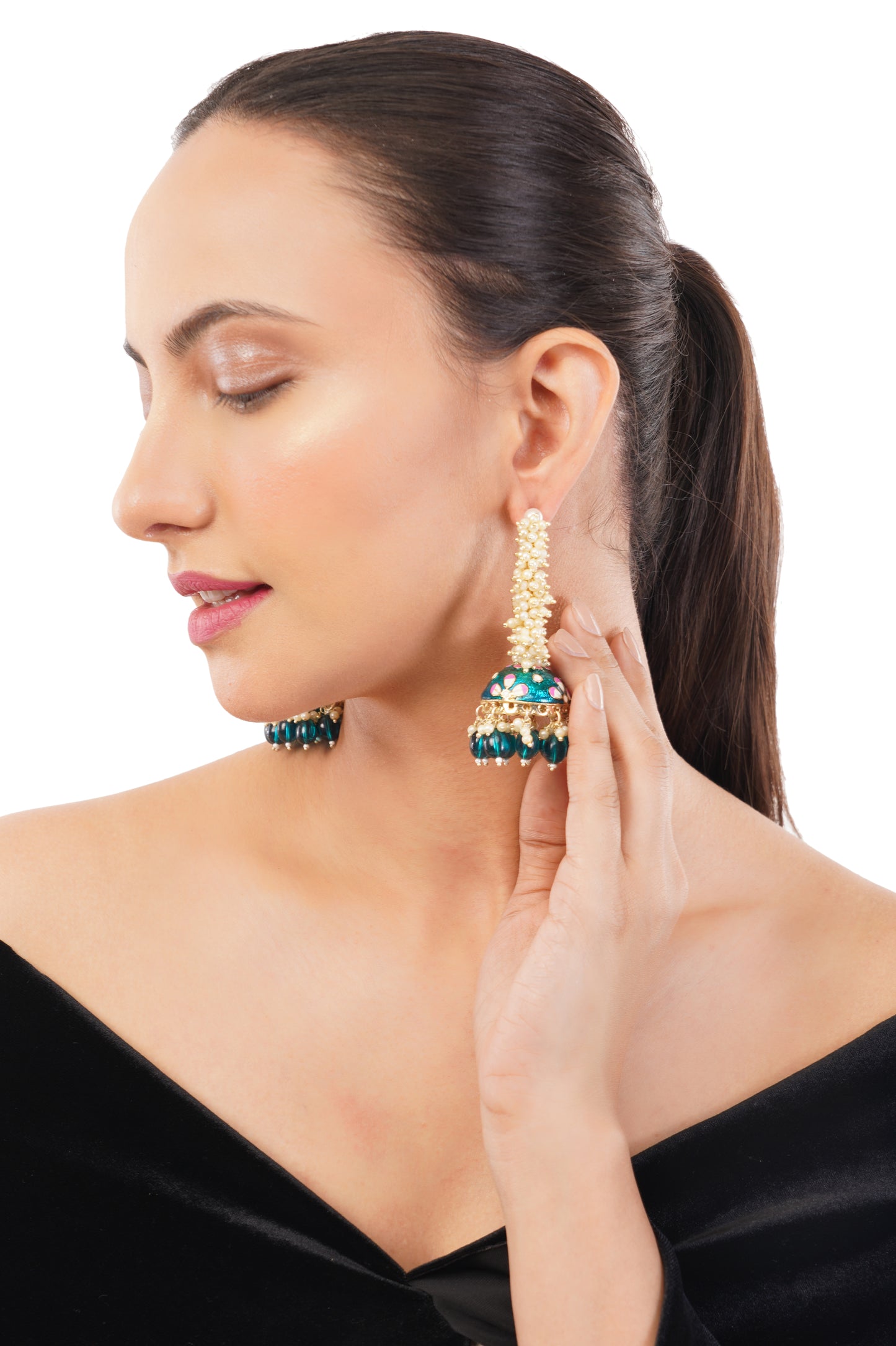 Gold Plated Aqua Green Pearl Jhumka Earrings