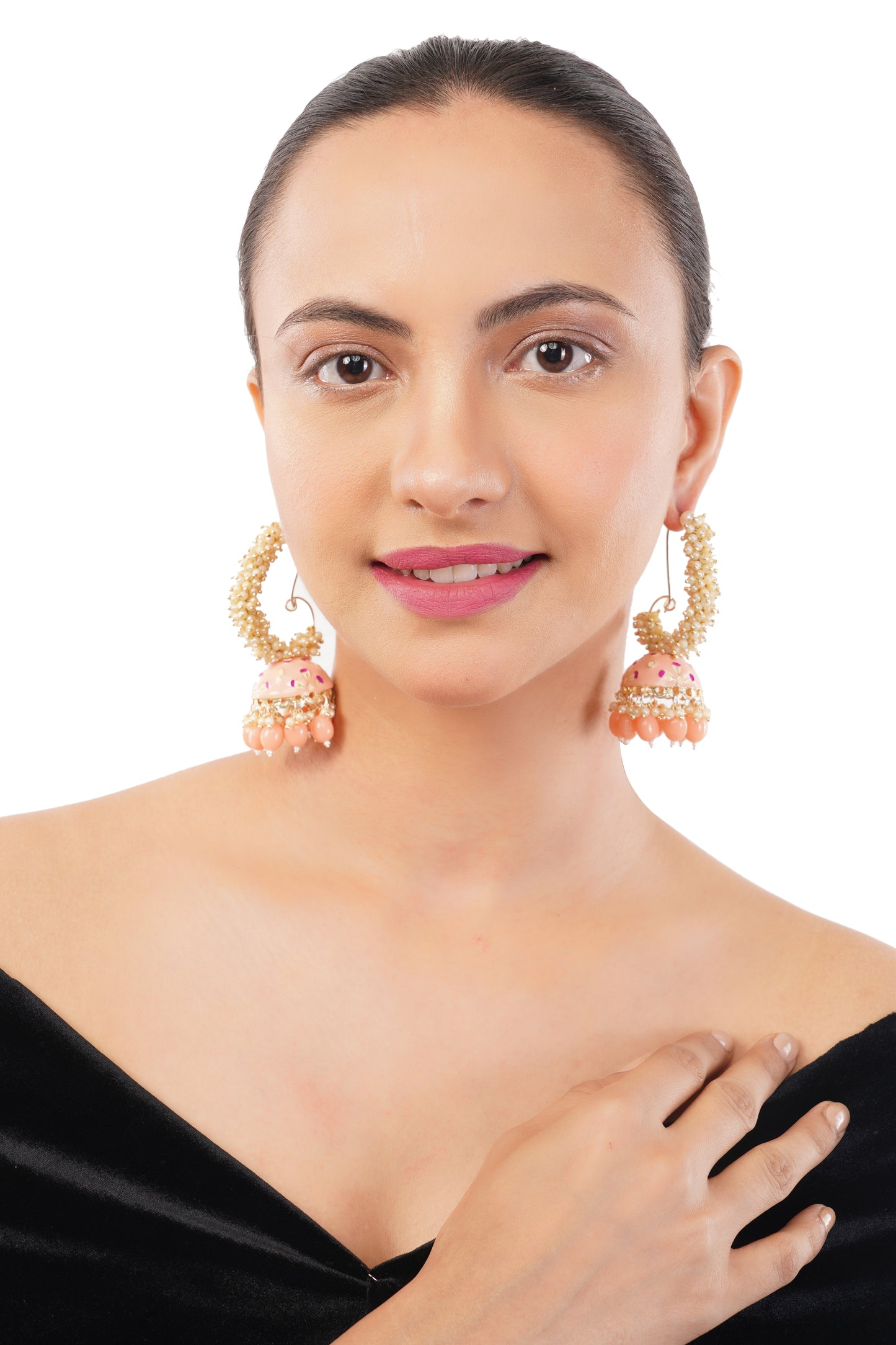 Traditional Peach Pearl Jhumka Earrings For Women