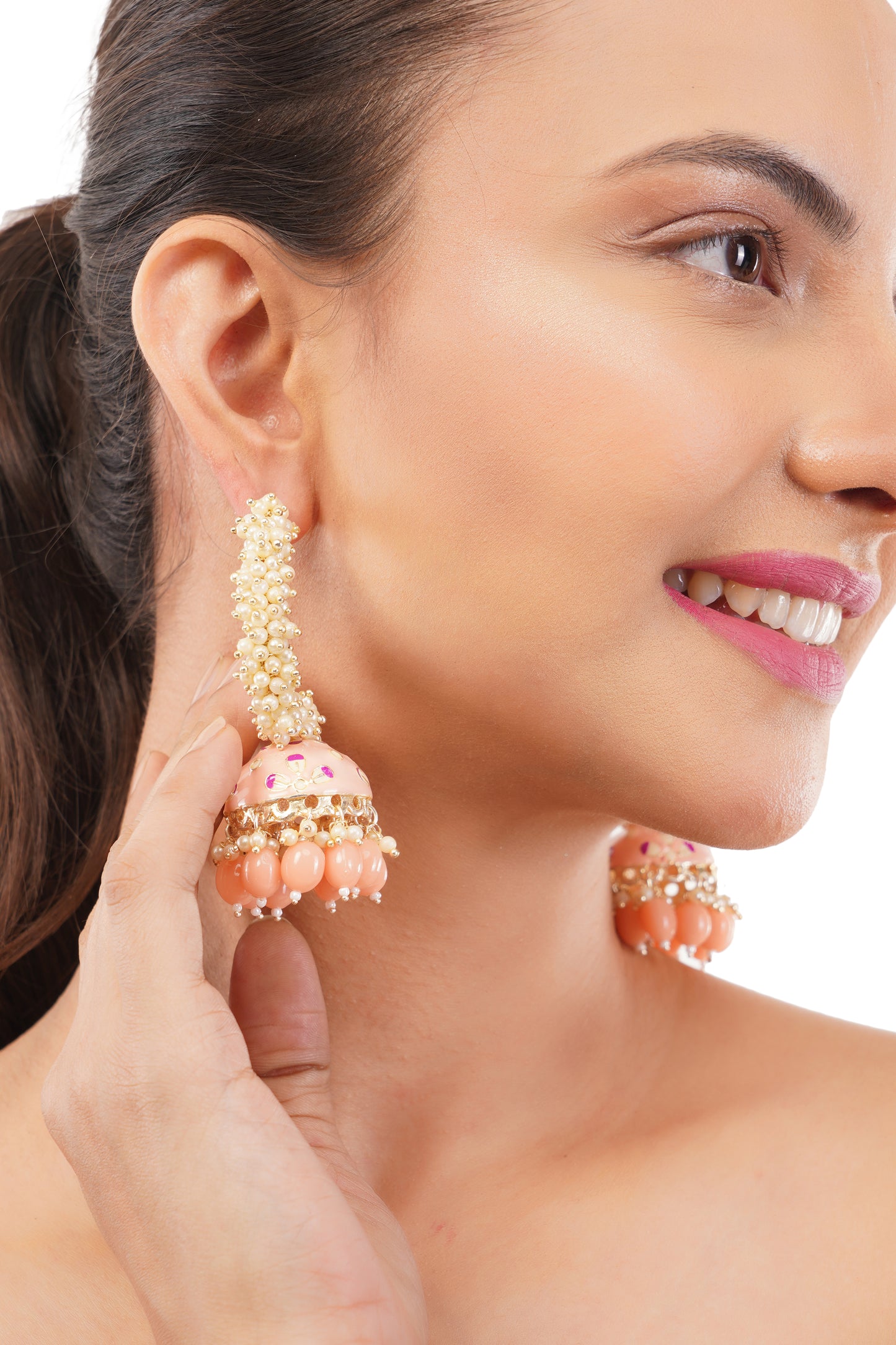 Traditional Peach Pearl Jhumka Earrings For Women
