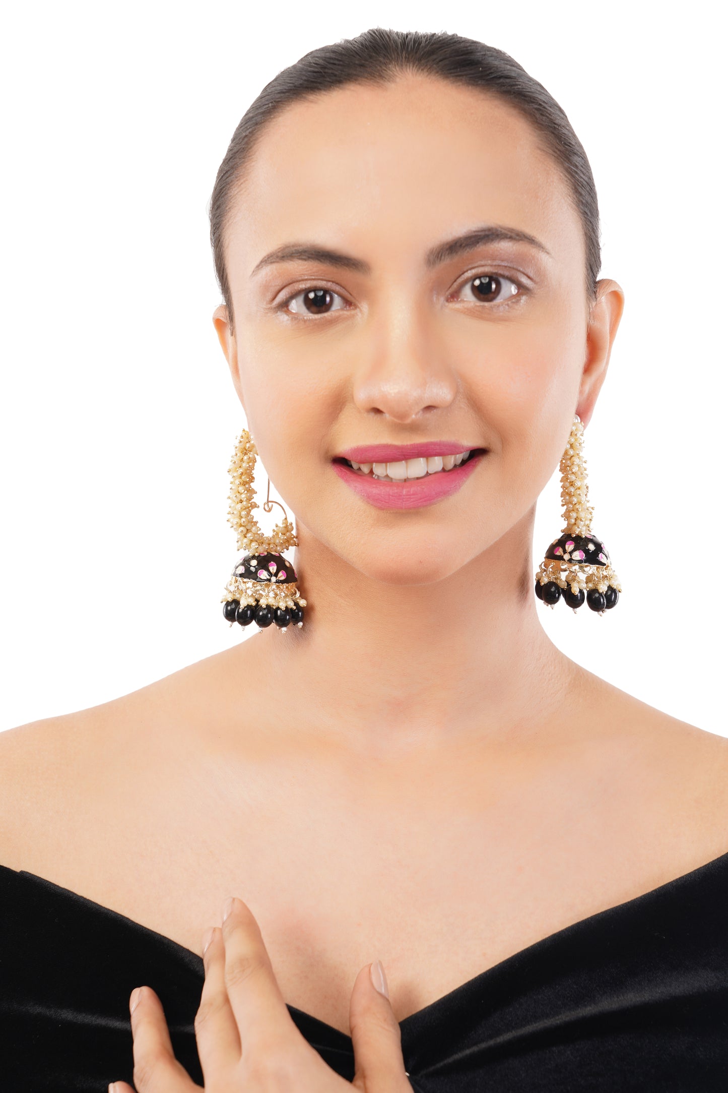 Gold Plated Black Pearl Jhumka Earrings For Women