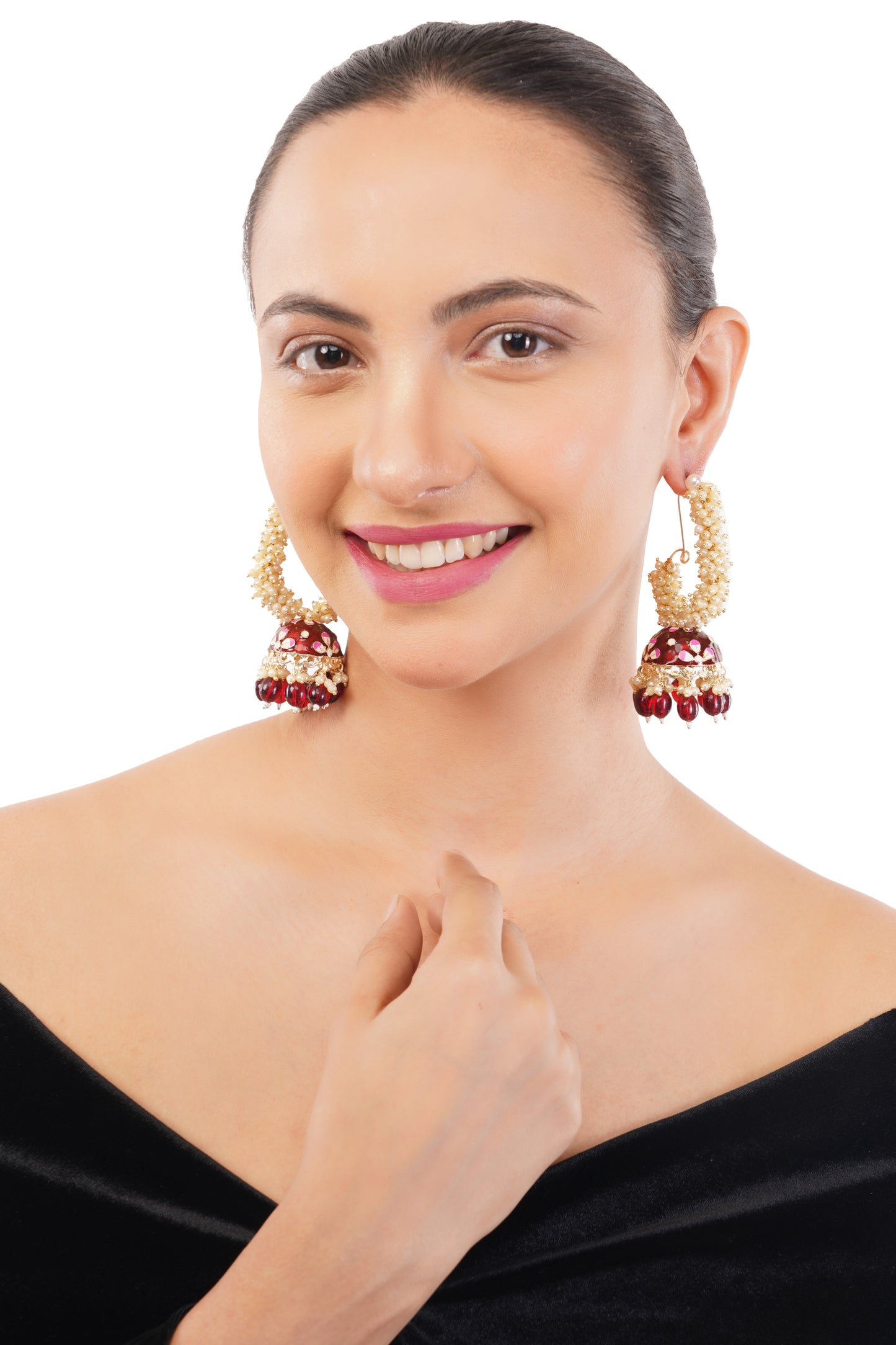 Elegant Red Pearl Jhumka Earrings For Women