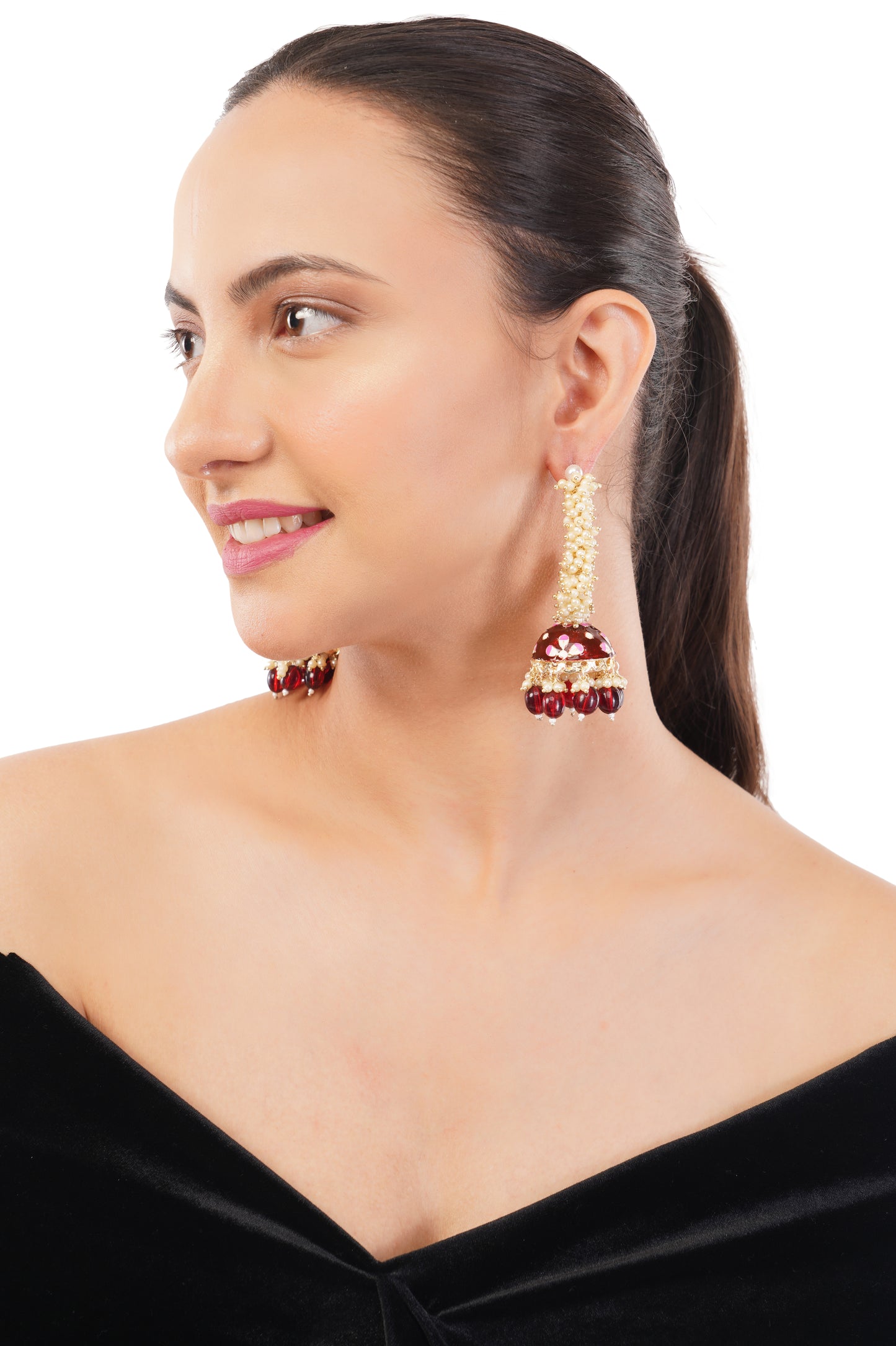 Elegant Red Pearl Jhumka Earrings For Women