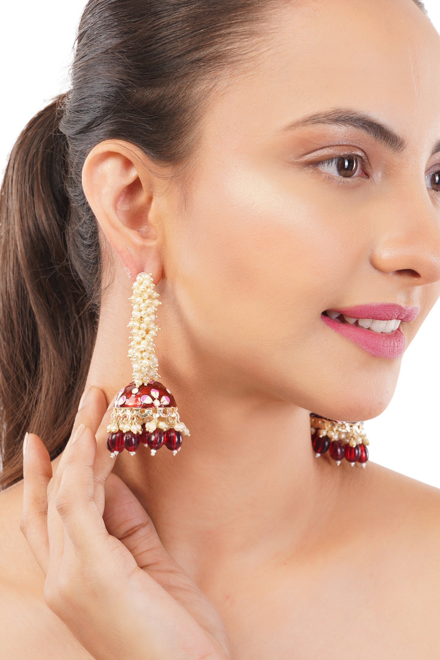 Elegant Red Pearl Jhumka Earrings For Women