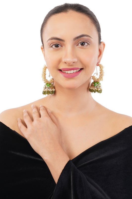 Ethnic Green Pearl Jhumka Earrings For Women