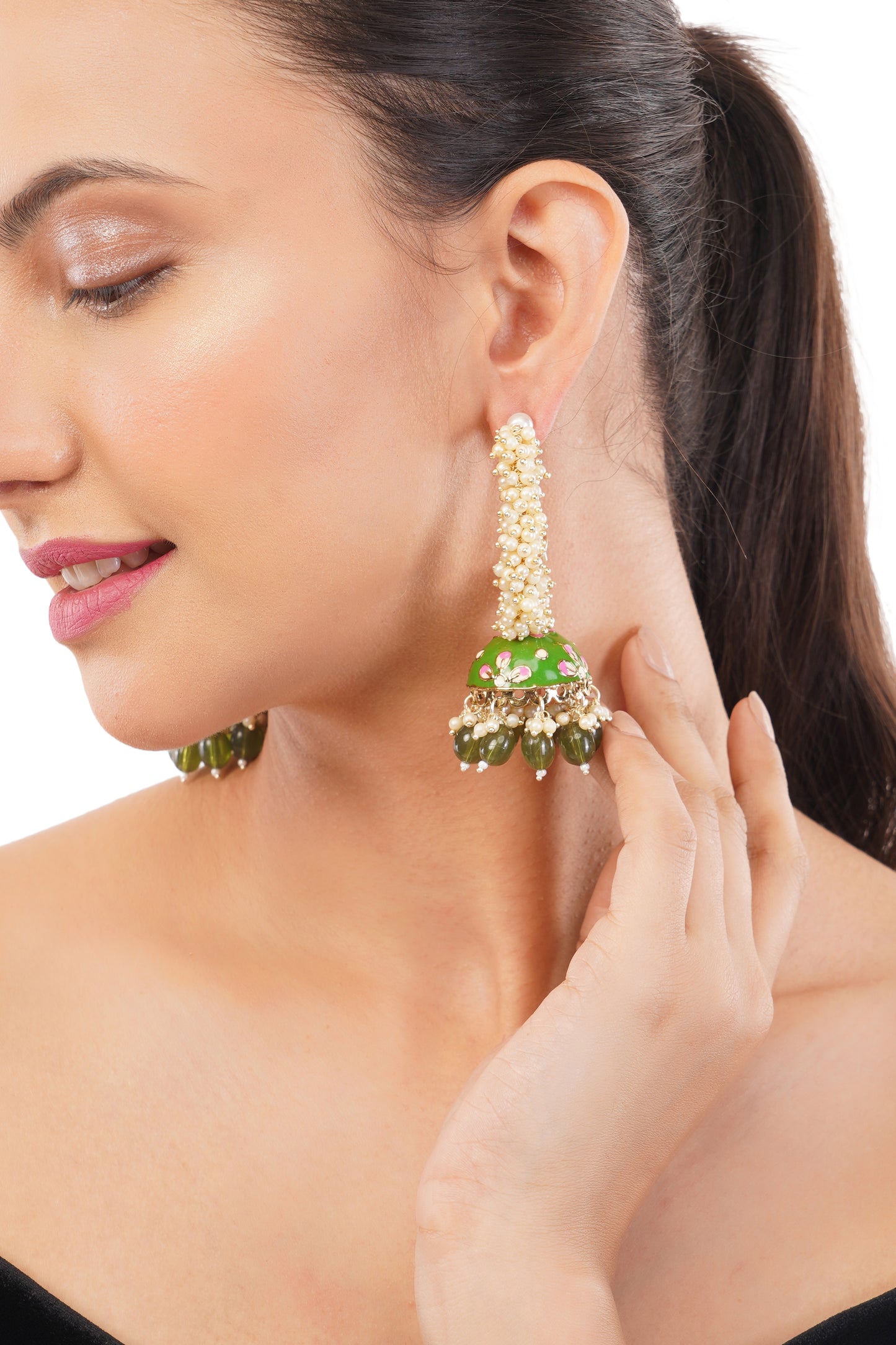 Ethnic Green Pearl Jhumka Earrings For Women