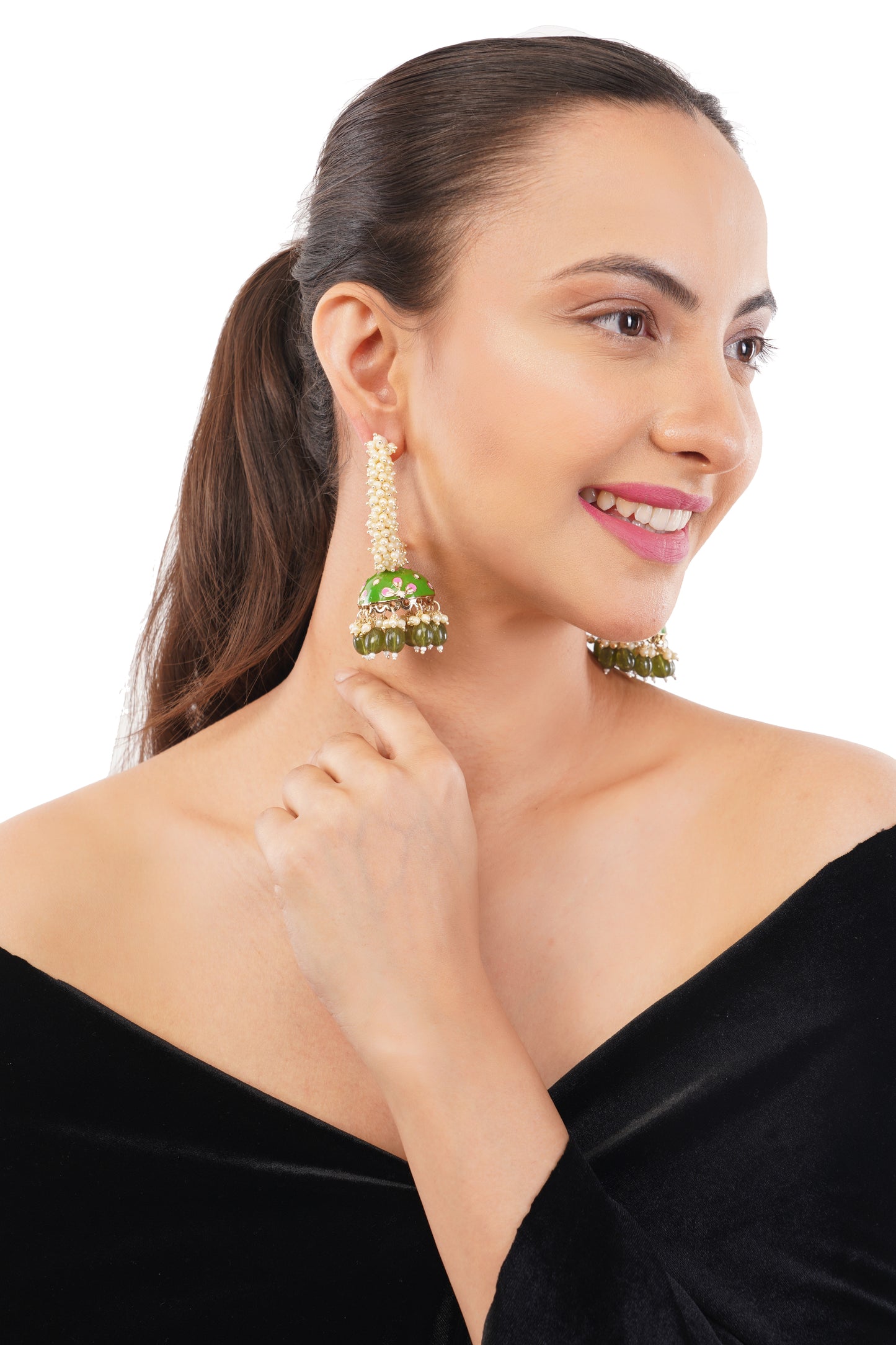 Ethnic Green Pearl Jhumka Earrings For Women