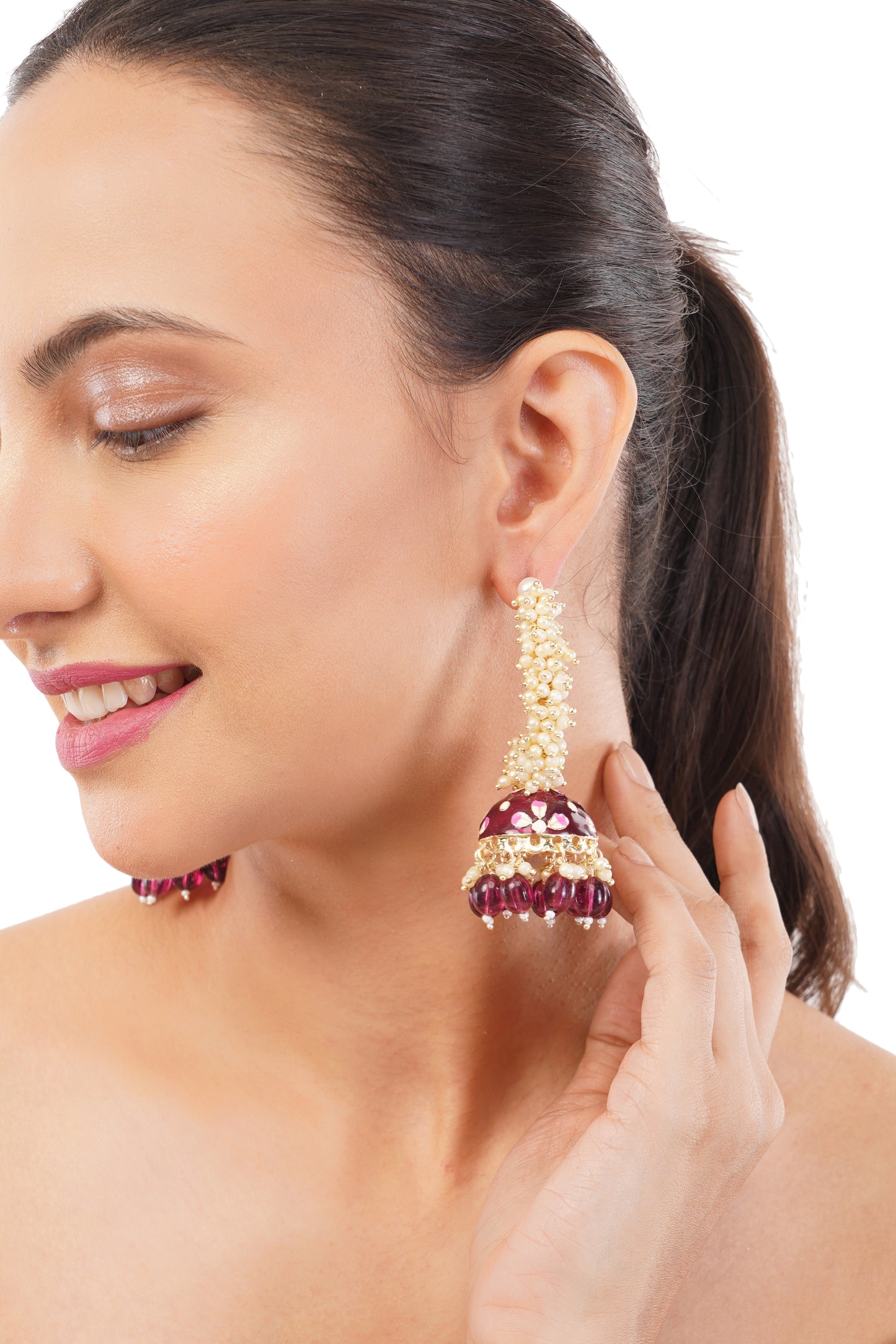 Gold Plated Purple Pearl Jhumka Earrings