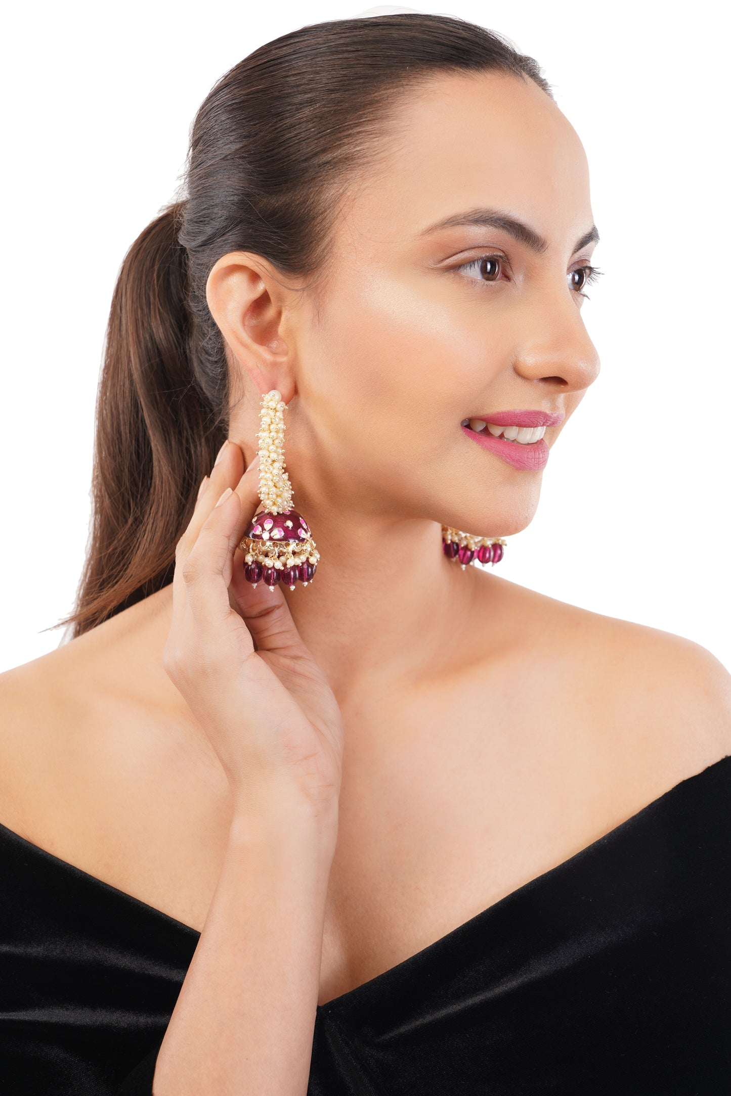Gold Plated Purple Pearl Jhumka Earrings