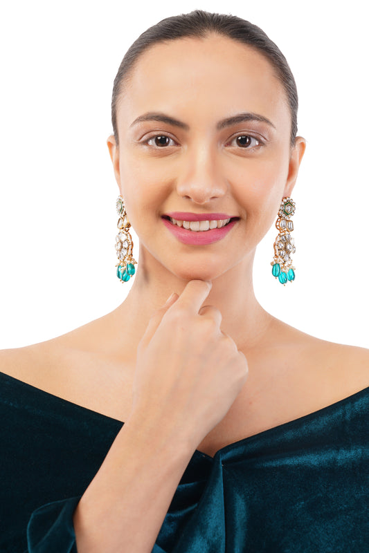 Gold Plated turquoise Blue Pearl Kundan Drop Earrings
