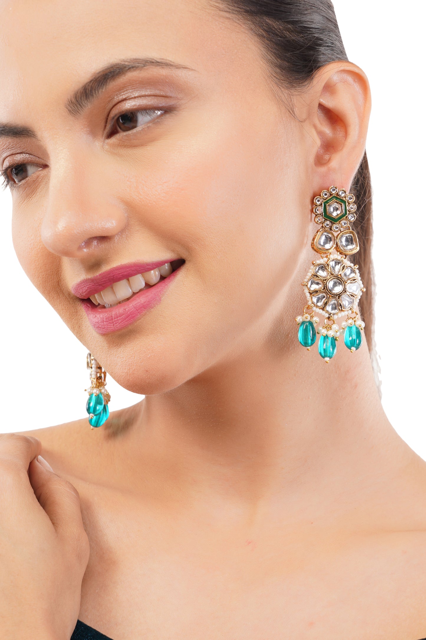 Gold Plated turquoise Blue Pearl Kundan Drop Earrings