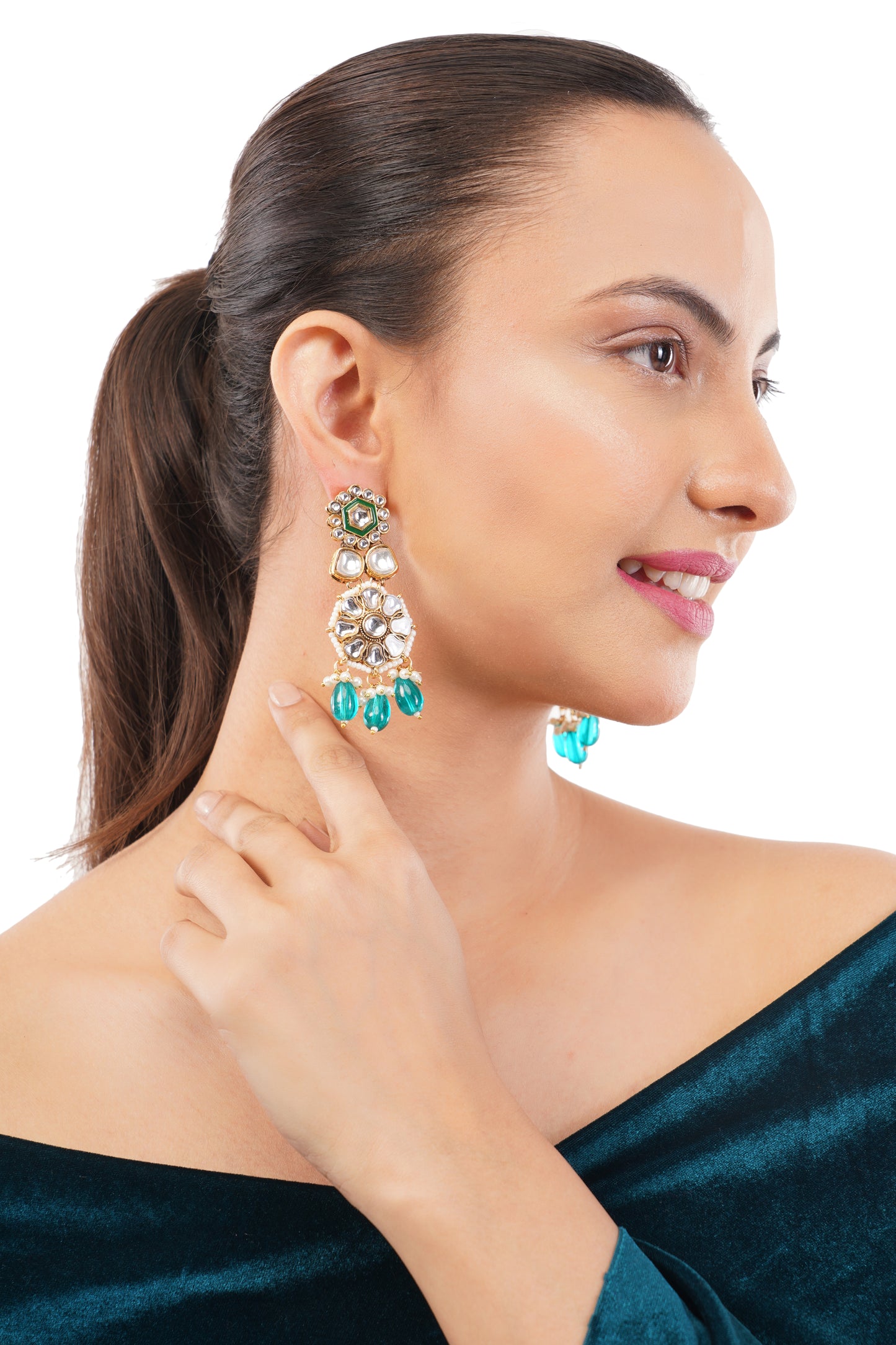 Gold Plated turquoise Blue Pearl Kundan Drop Earrings