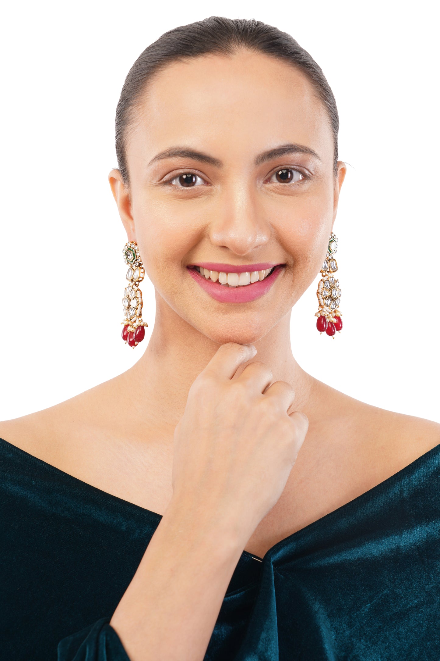 Maroon And Green Pearl Kundan Earrings For Women