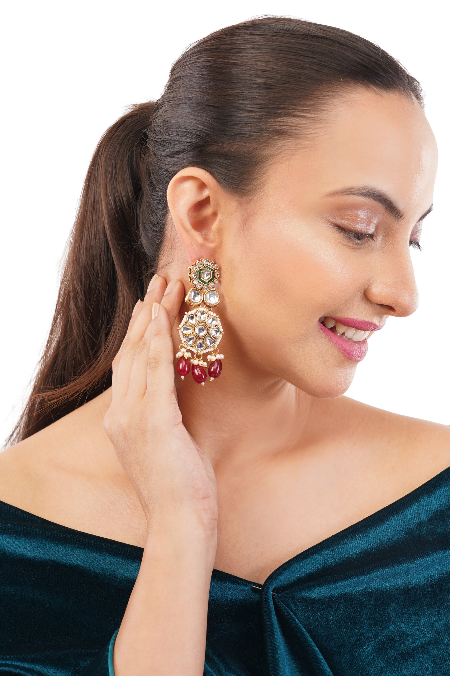 Maroon And Green Pearl Kundan Earrings For Women