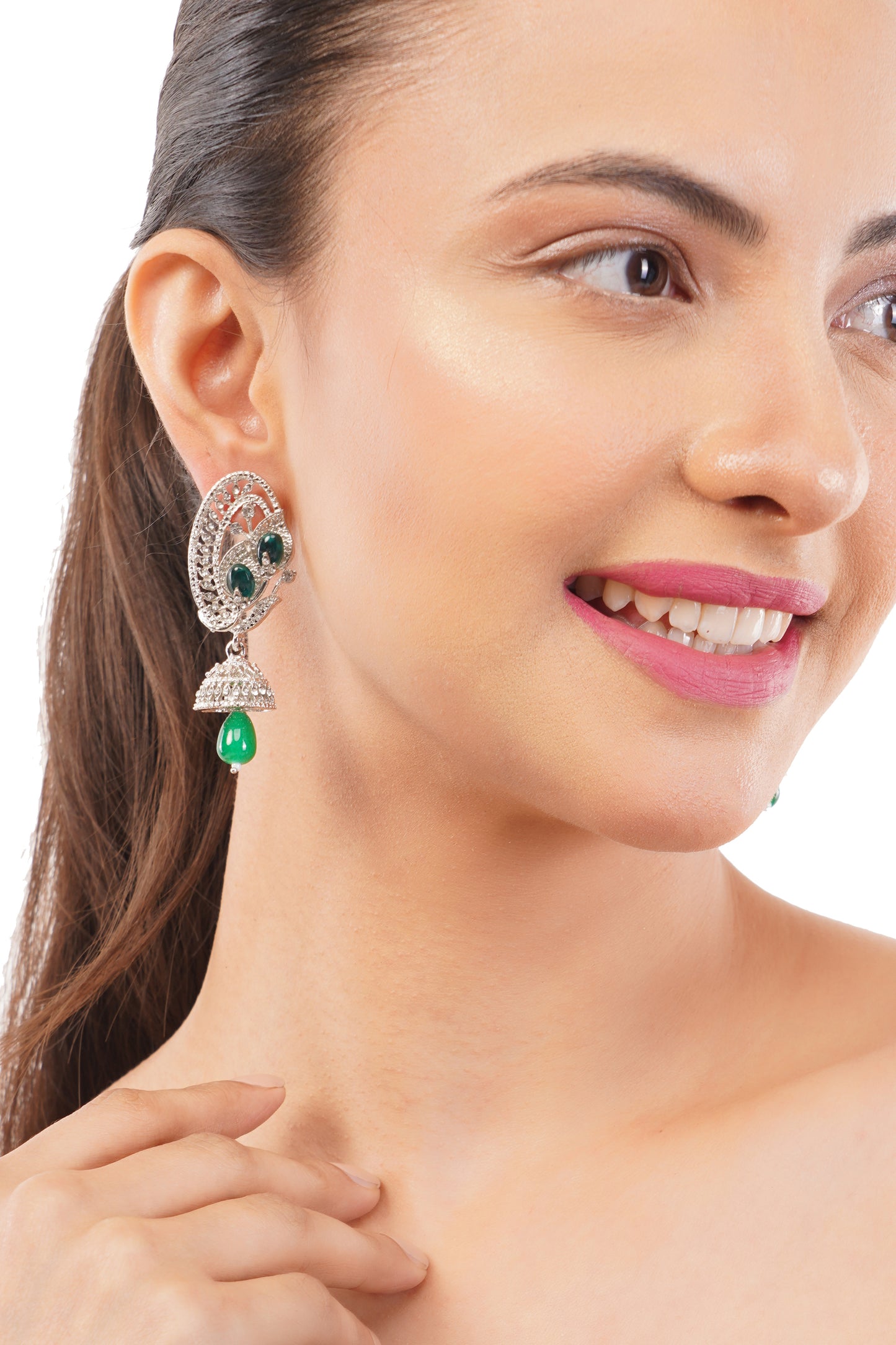 Green Pearl And Diamond Studded Earrings