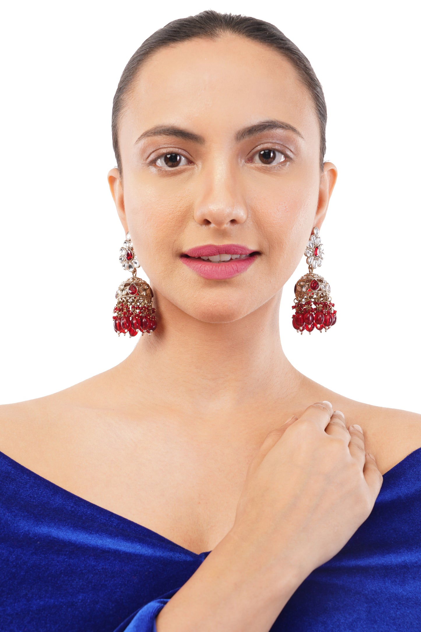 Gold Plated Red Kundan Jumka Earrings For Women