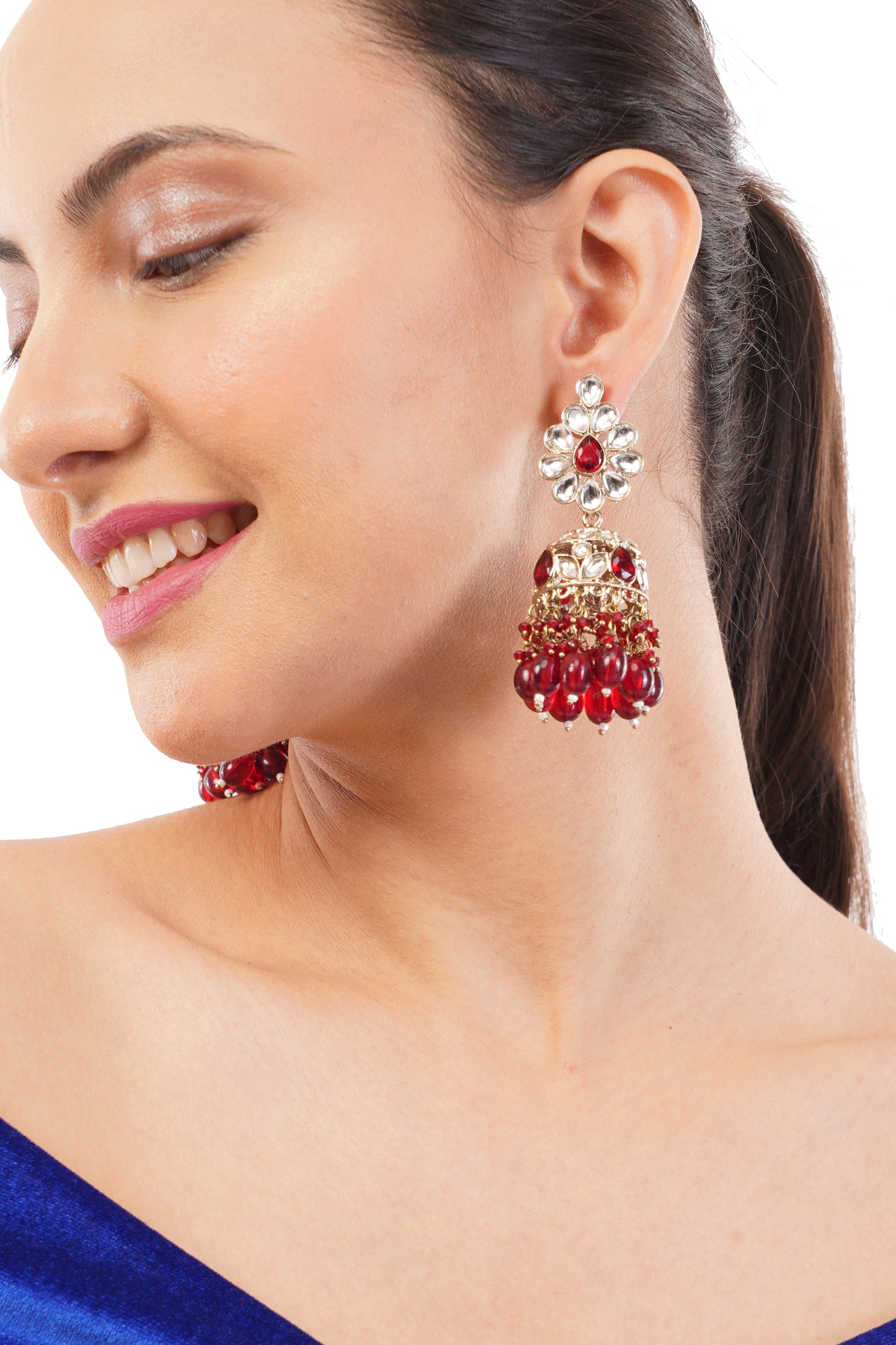 Gold Plated Red Kundan Jumka Earrings For Women