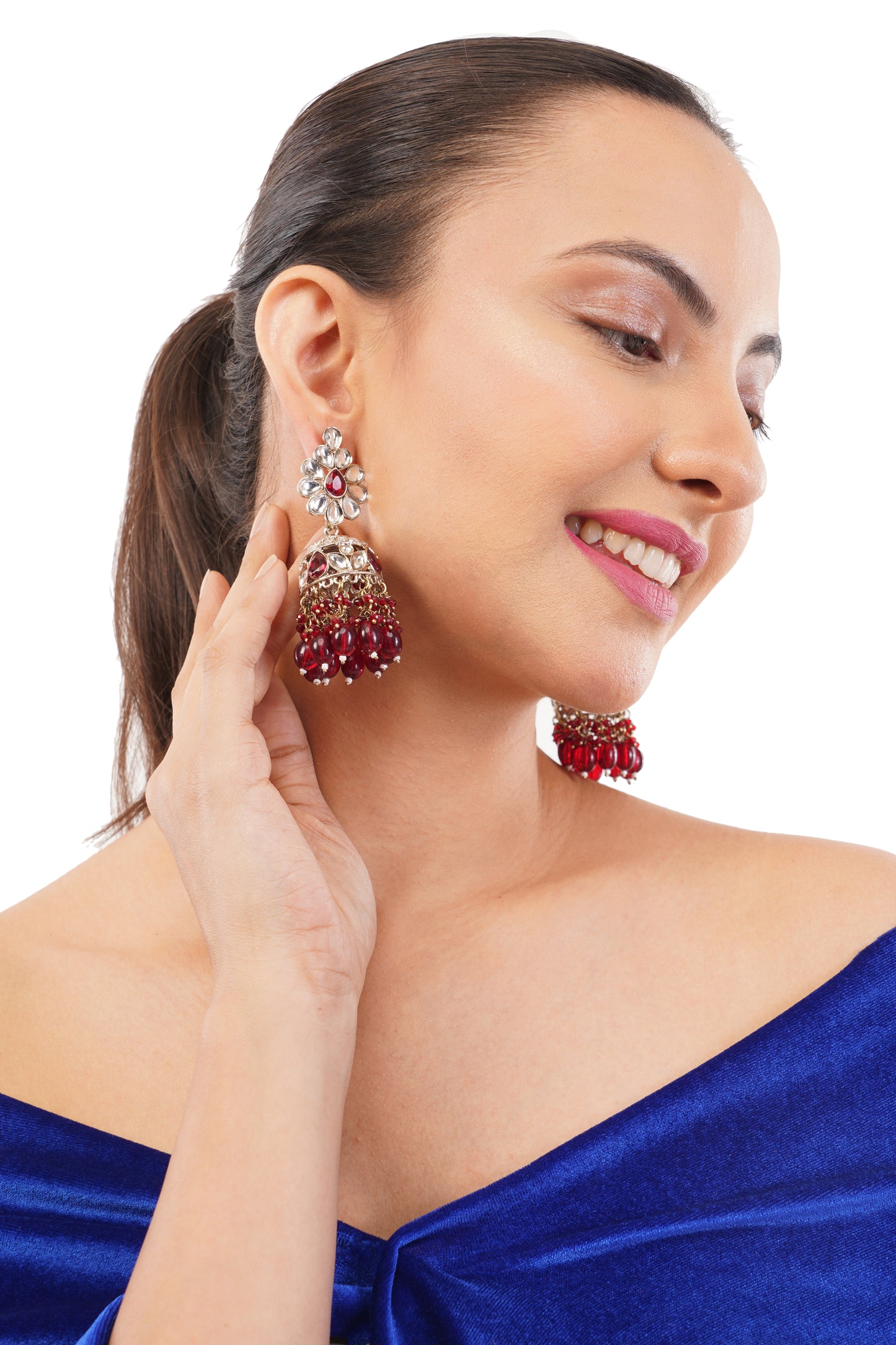 Gold Plated Red Kundan Jumka Earrings For Women