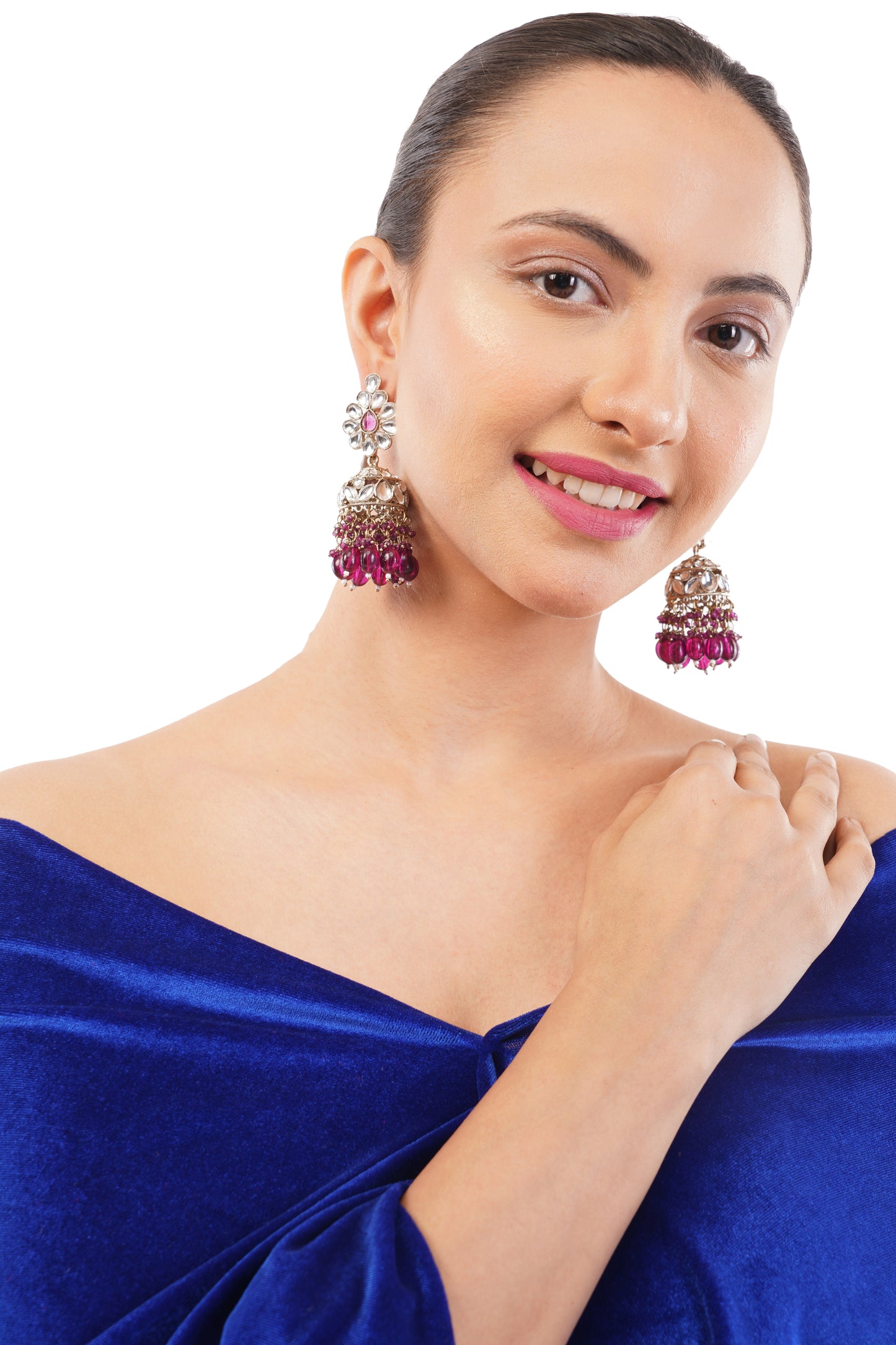 Gold Purple Kundan Studded Jhumka Earrings