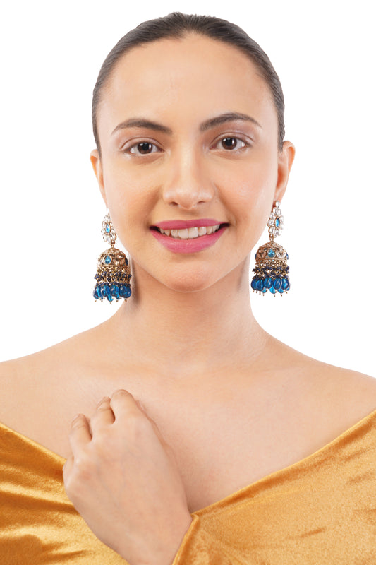 Gold Plated Blue Kundan Jhumka Earrings For Women
