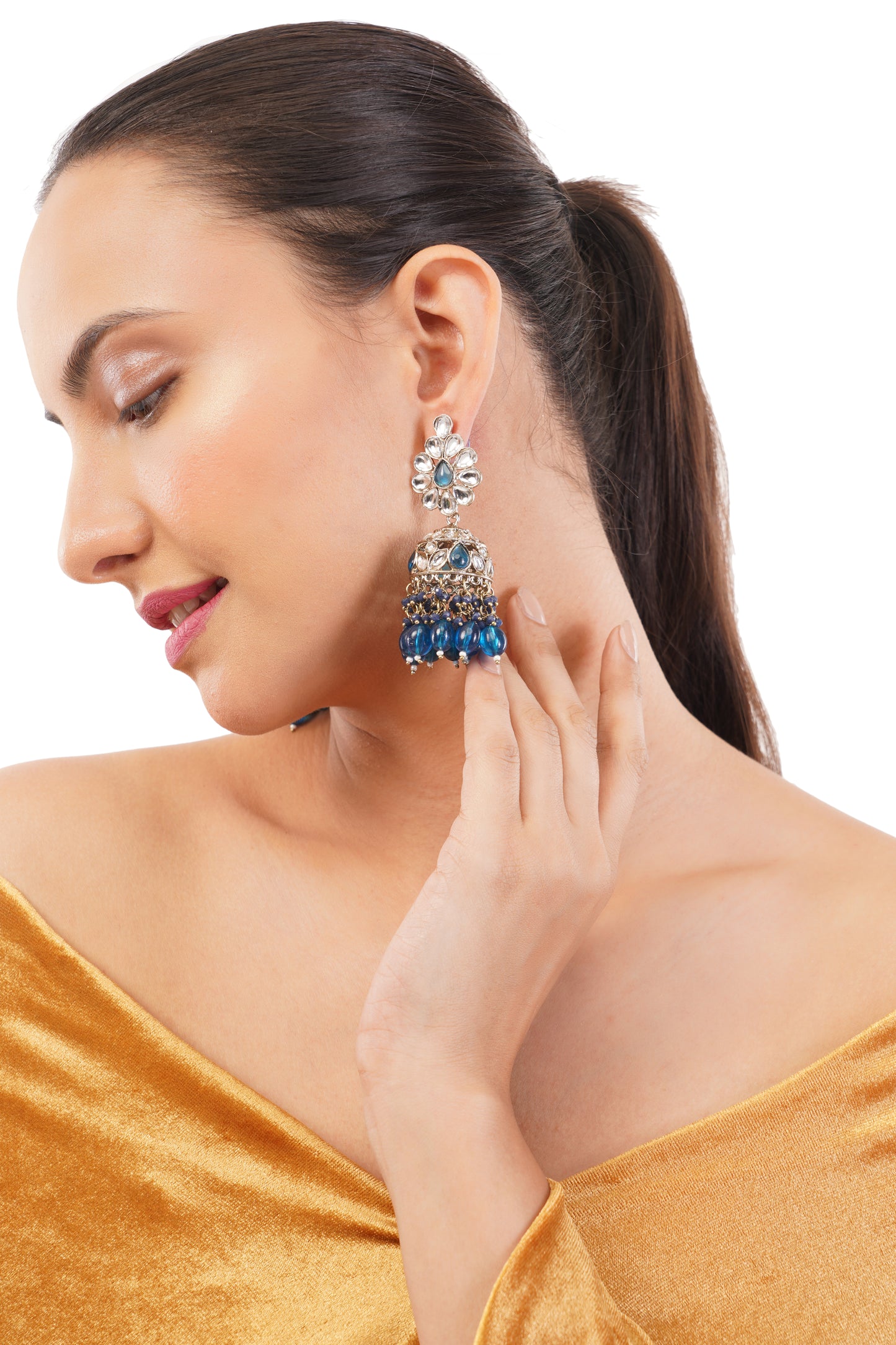 Gold Plated Blue Kundan Jhumka Earrings For Women