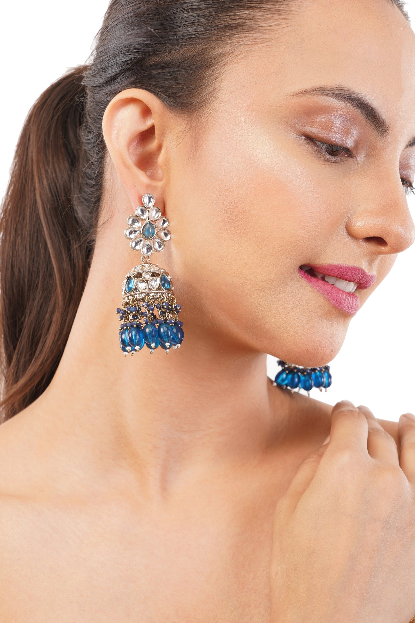 Gold Plated Blue Kundan Jhumka Earrings For Women