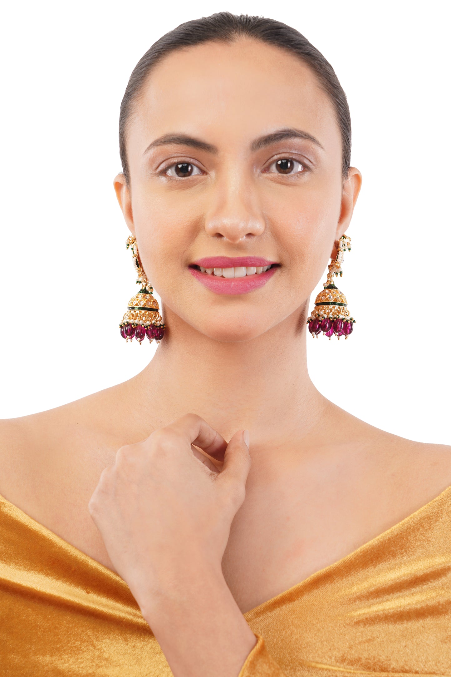 Gold Plated Purple Jhumka Earring With Ear Chain