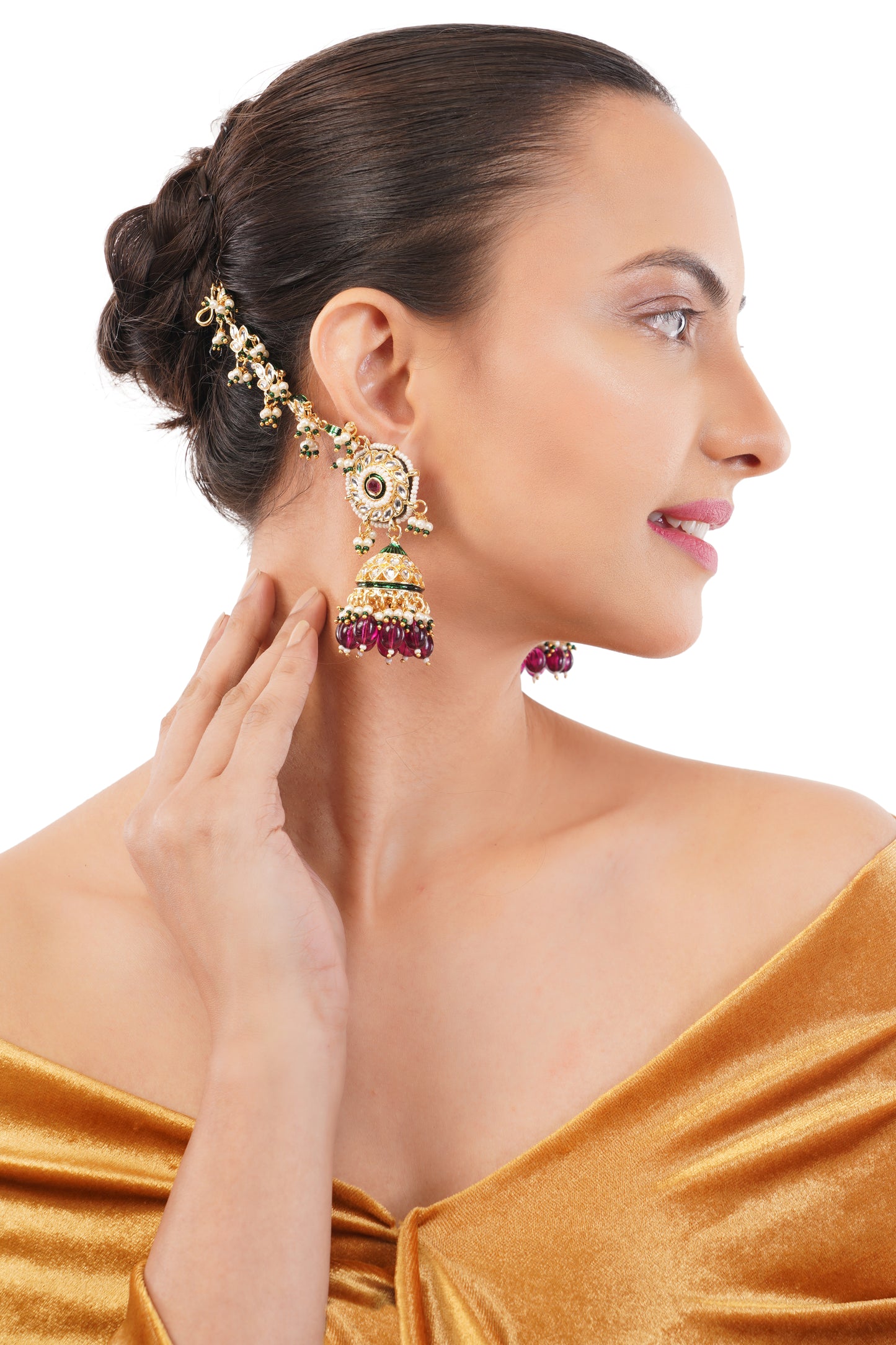 Gold Plated Purple Jhumka Earring With Ear Chain