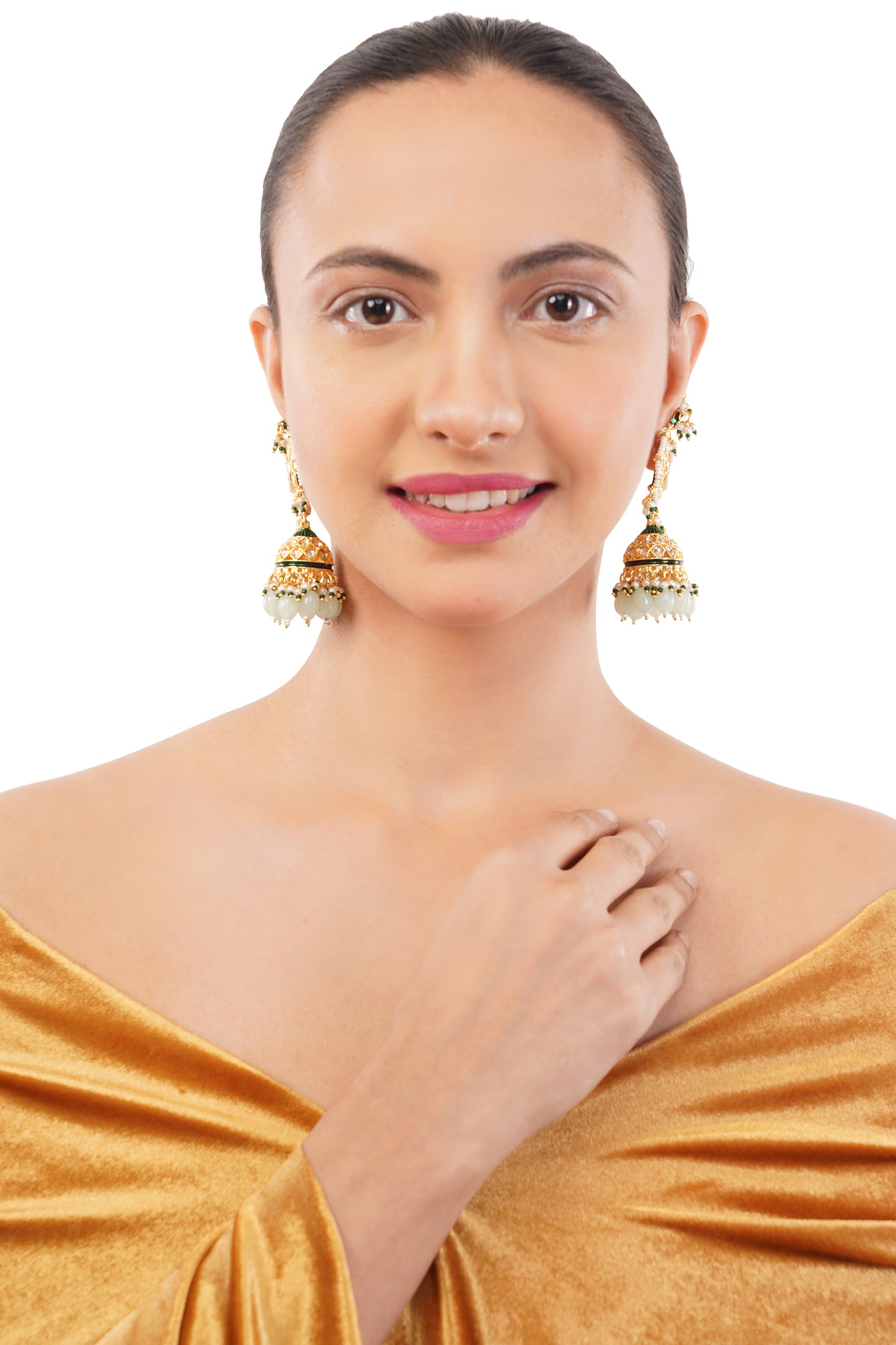 Light Green Gold Plated Jhumka With Chain Earrings For Women