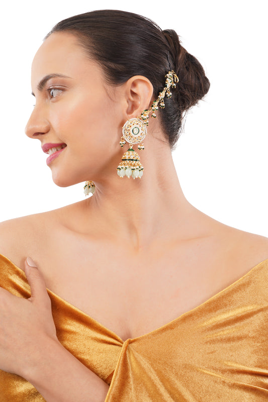Light Green Gold Plated Jhumka With Chain Earrings For Women