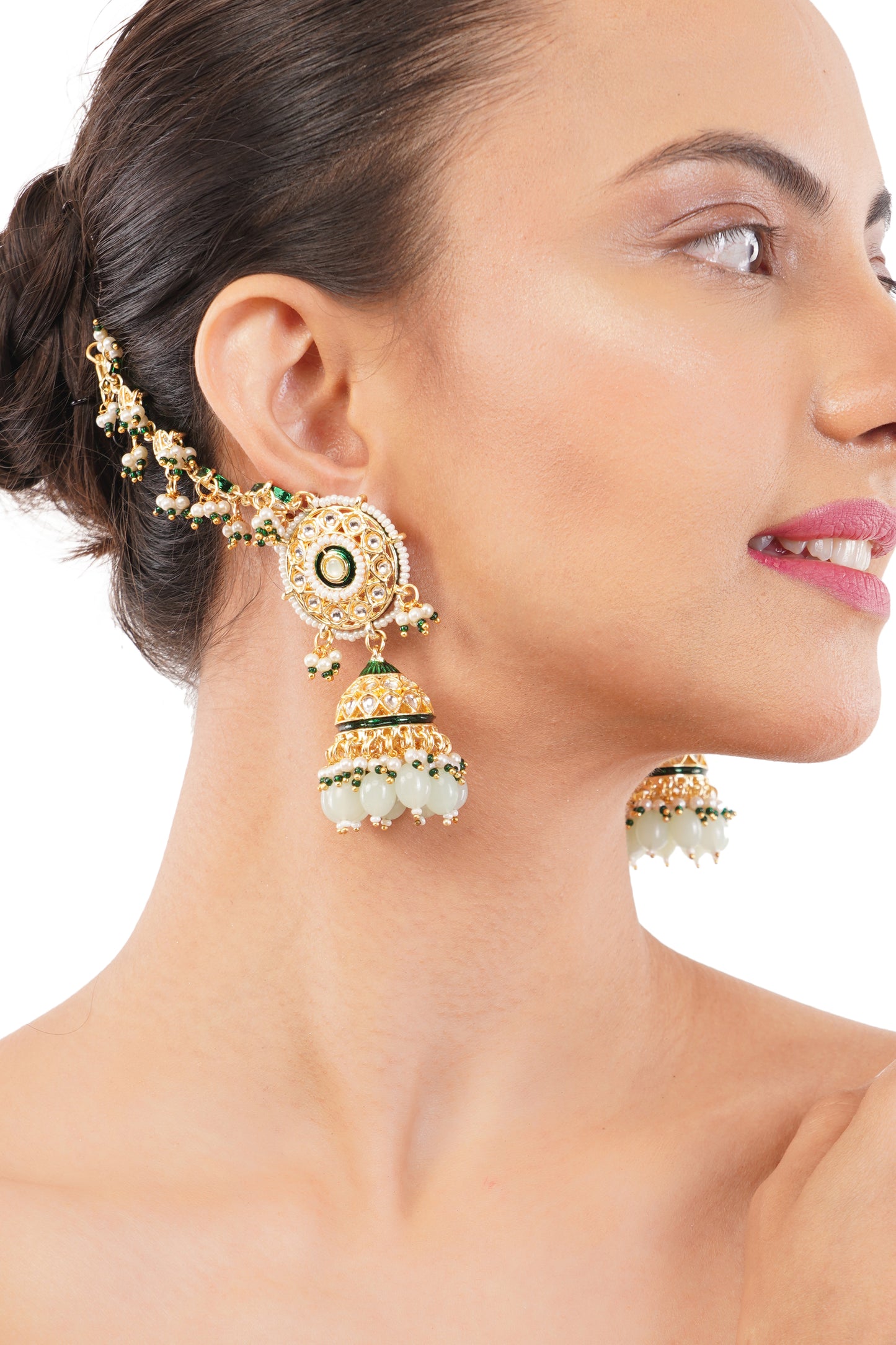 Light Green Gold Plated Jhumka With Chain Earrings For Women