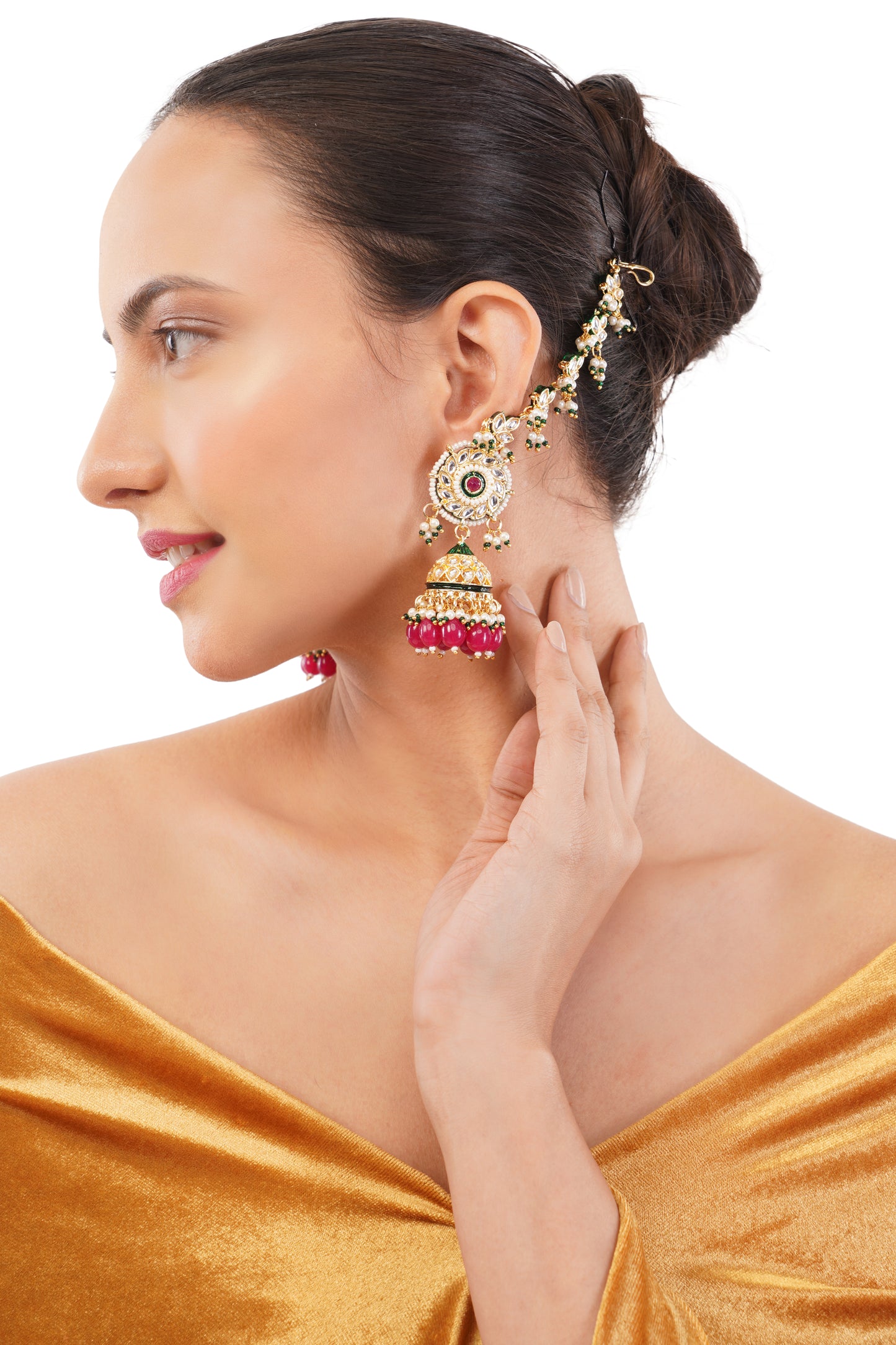 Traditional Pink Kundan Ear Chain Jhumka Earrings