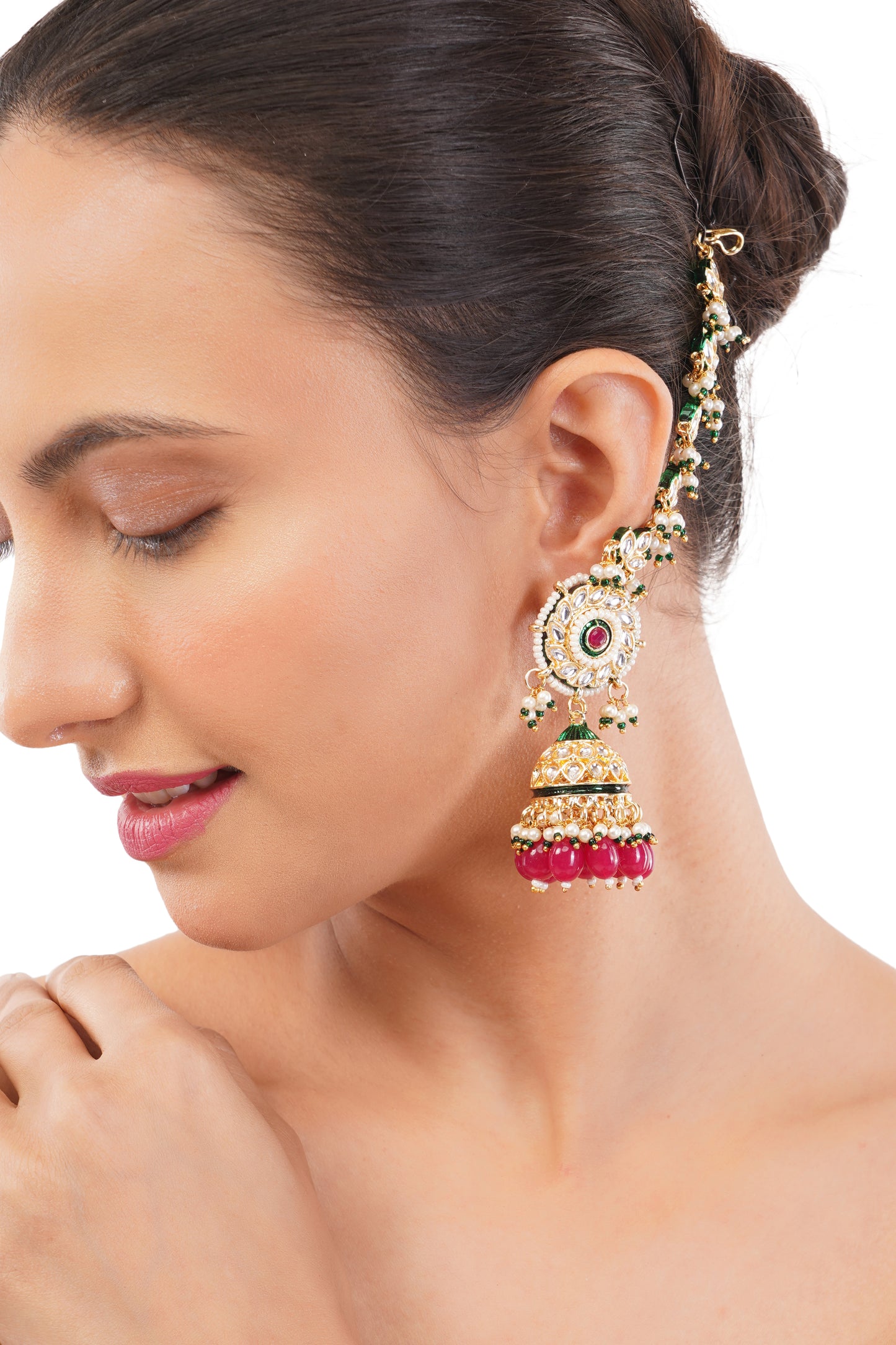 Traditional Pink Kundan Ear Chain Jhumka Earrings