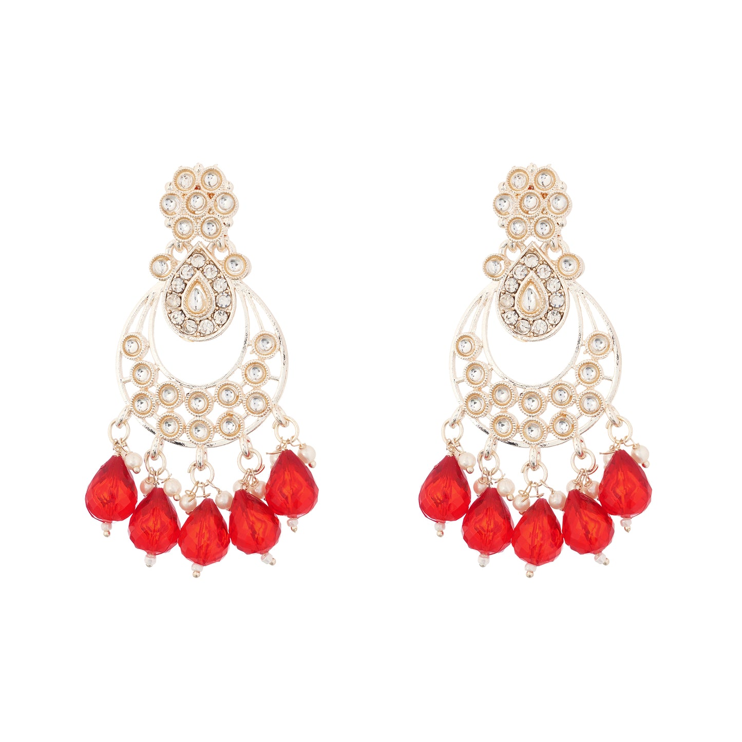 Ethnic Red Pearl Kundan Drop Earrings For Women