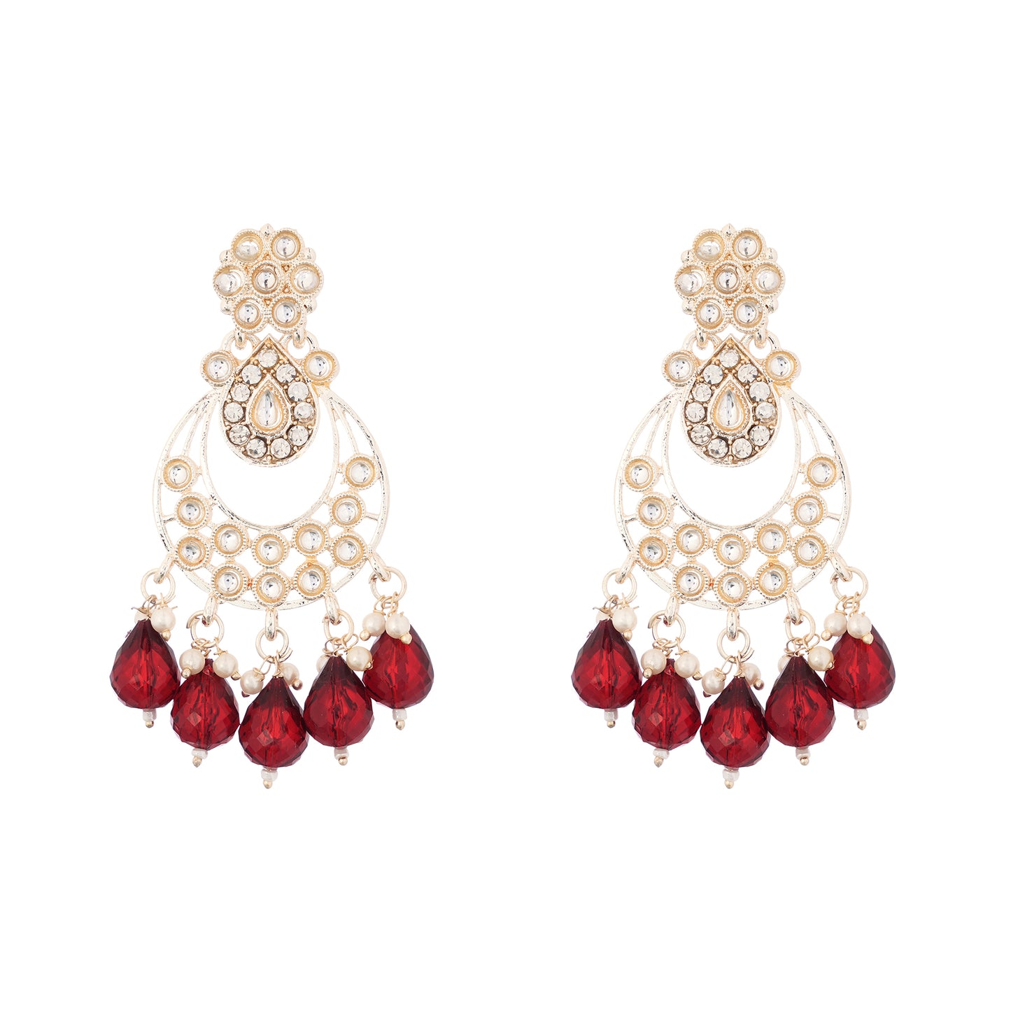 Maroon Pearl Gold Plated Kundan Earrings