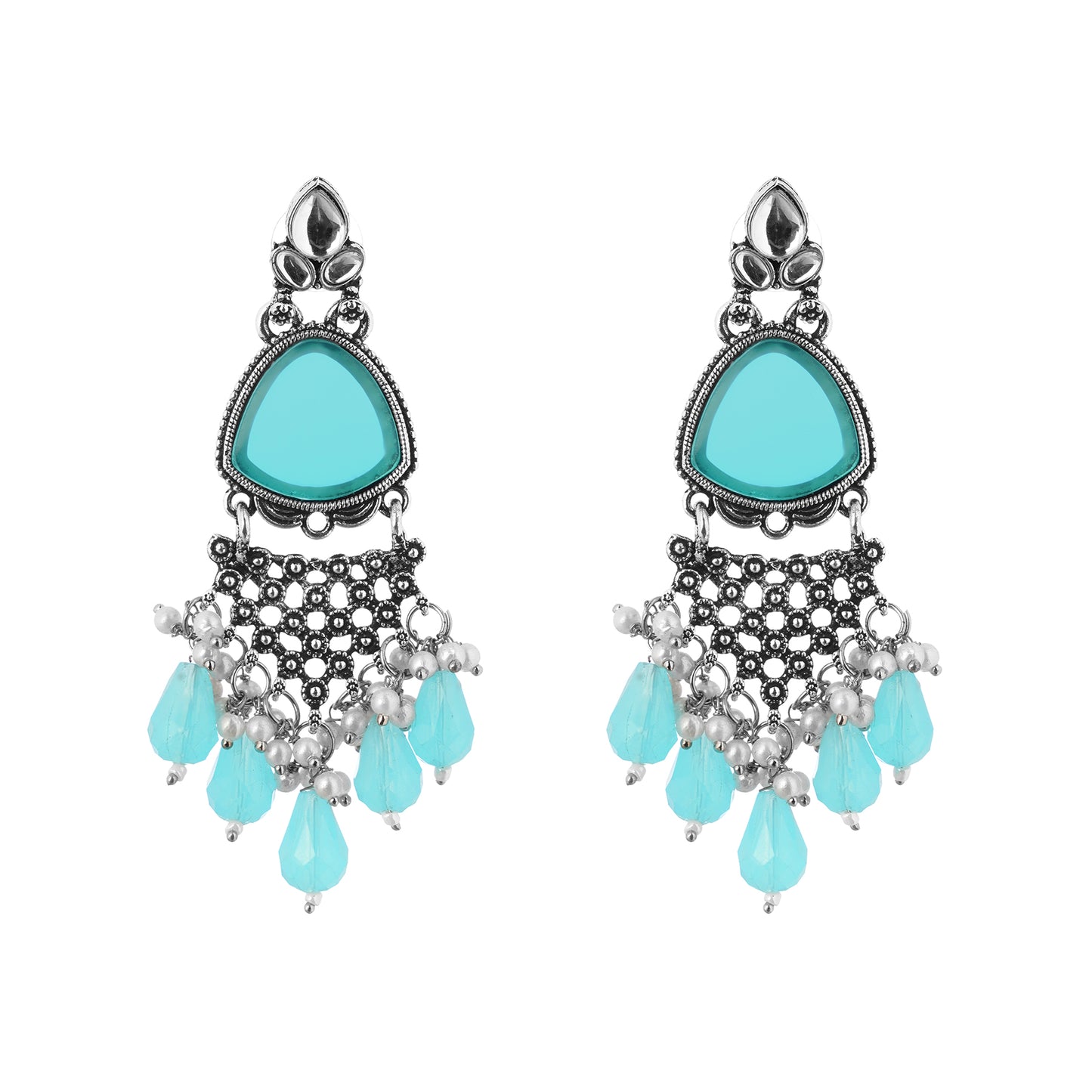 Oxidised Silver Turquoise Blue Stone Earrings For Women