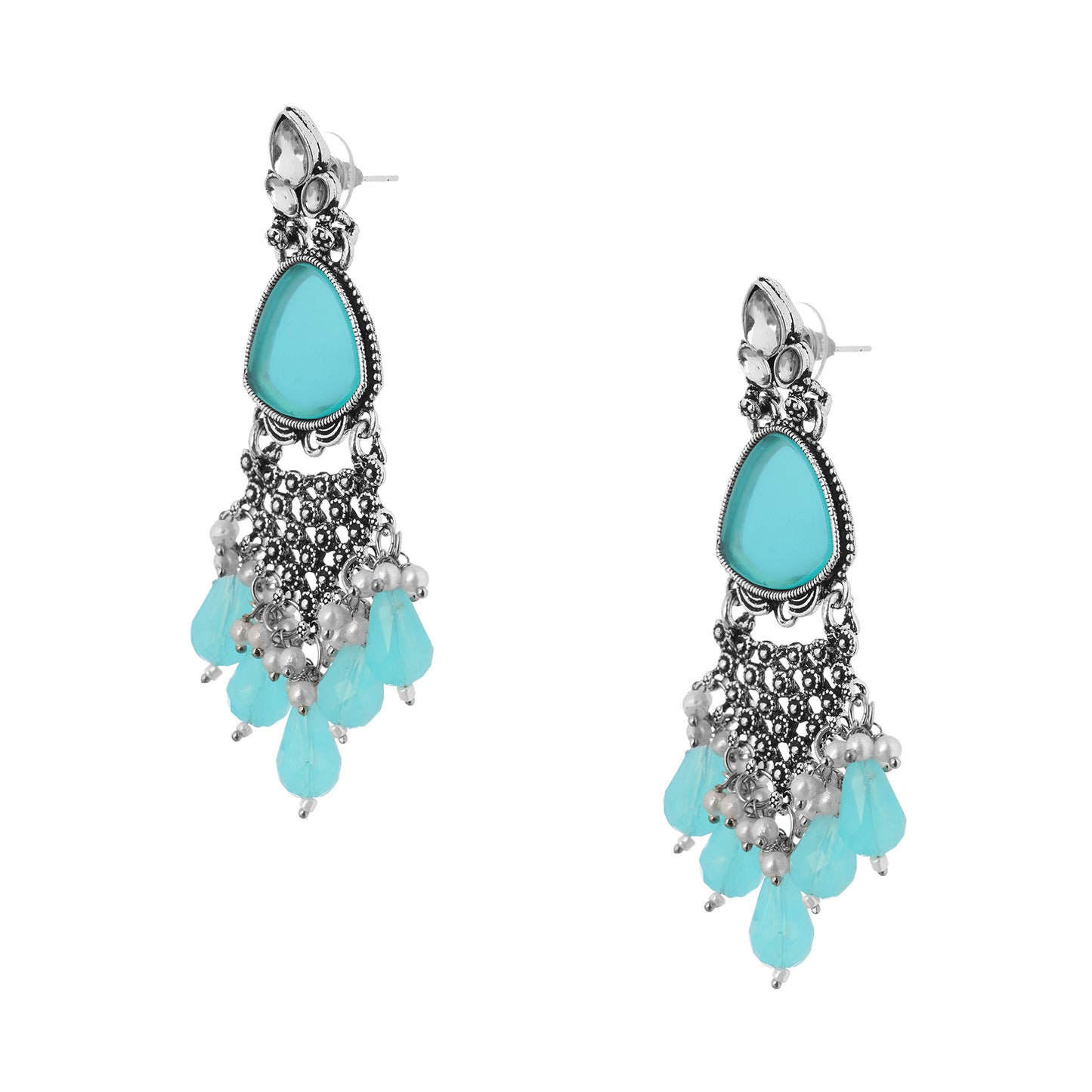 Oxidised Silver Turquoise Blue Stone Earrings For Women