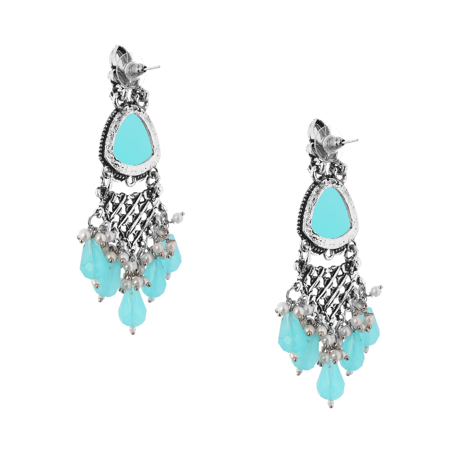 Oxidised Silver Turquoise Blue Stone Earrings For Women