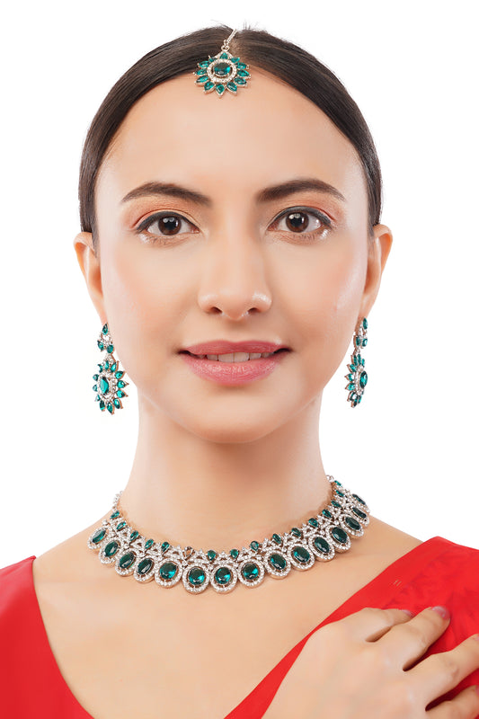 Silver Plated Green Stone Diamond Necklace With Earrings