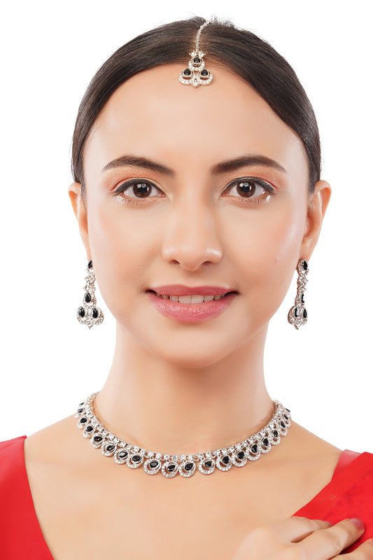 Silver Plated Black Stone Diamond Necklace With Mangtika Set