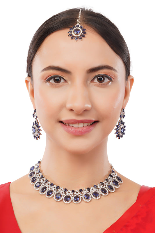 Silver Plated Blue And White Stone Necklace With Earring Set